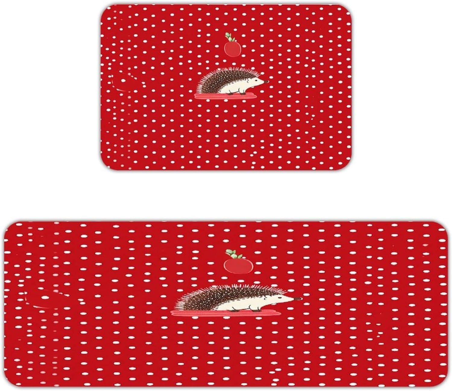 Red Polka Dot Hedgehog Kitchen Mat Kitchen Rug Set | Kitchen Rugs Flannel Velvety Washable breathable Water Absorbent Soft ，kitchen utensils for Kitchen, Floor,Laundry