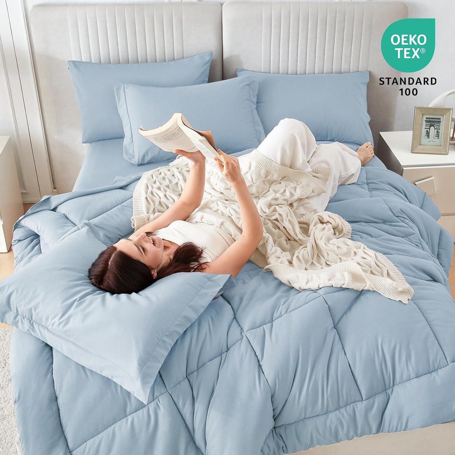 Sasttie Queen Comforter Set, 7 Pieces Bed in a Bag Queen, Complete Bedding Set Includes Comforter, Flat Sheet, Fitted Sheet, Pillowcases and Pillow Shams, Greyish Blue