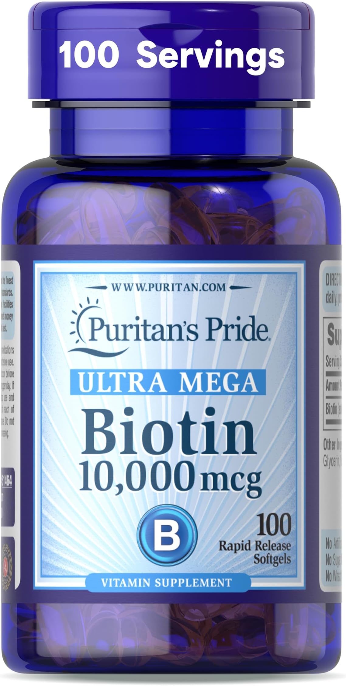 Puritans Pride Biotin 10,000mcg100 Soft Gel for Hair, Nails, Skin