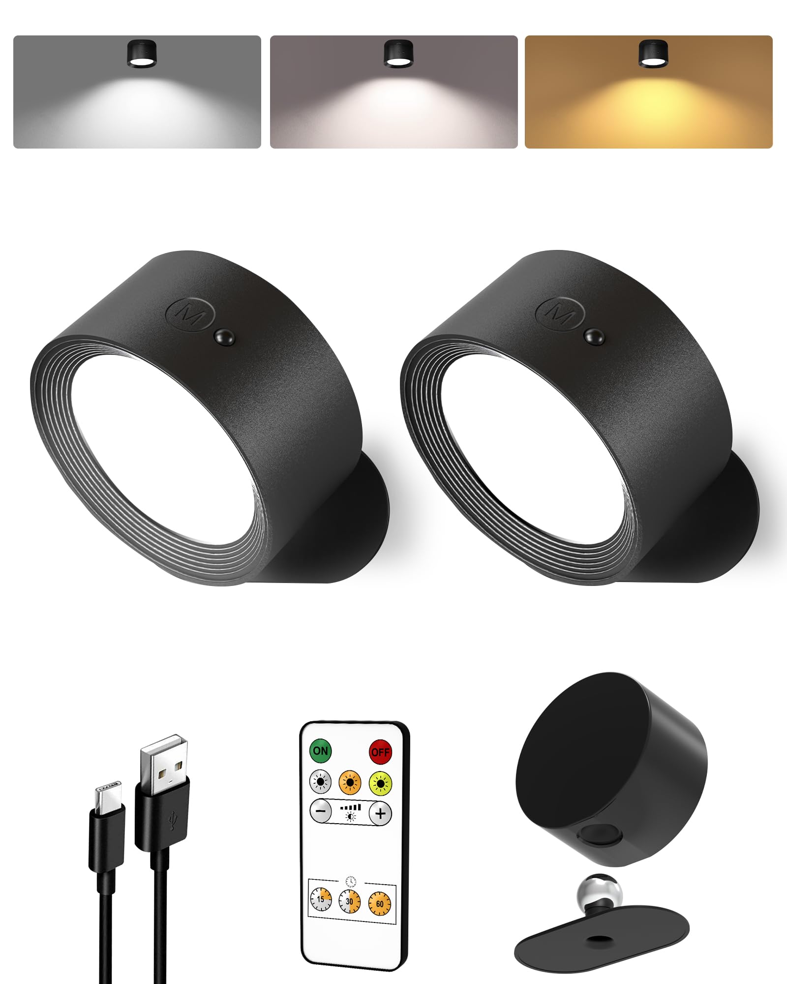 EZVALO LED wandleuchte innen,Wandlampe Kabellos mit Fernbedienung,3 Farbmodi Touch Control and Fernbedienung,360° Drehbar,Dimmbare kabellose Wandlampe für Studium,Schlafzimmer