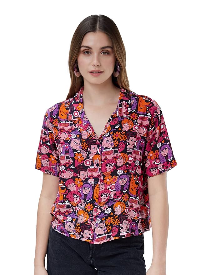The Souled Store| Official Scooby Doo: The Gang Womens and Girls Shirts|Half Sleeve|Regular fit Graphic Printed|100% Cotton (Poplin) Black Color Women Hawaiian Shirts