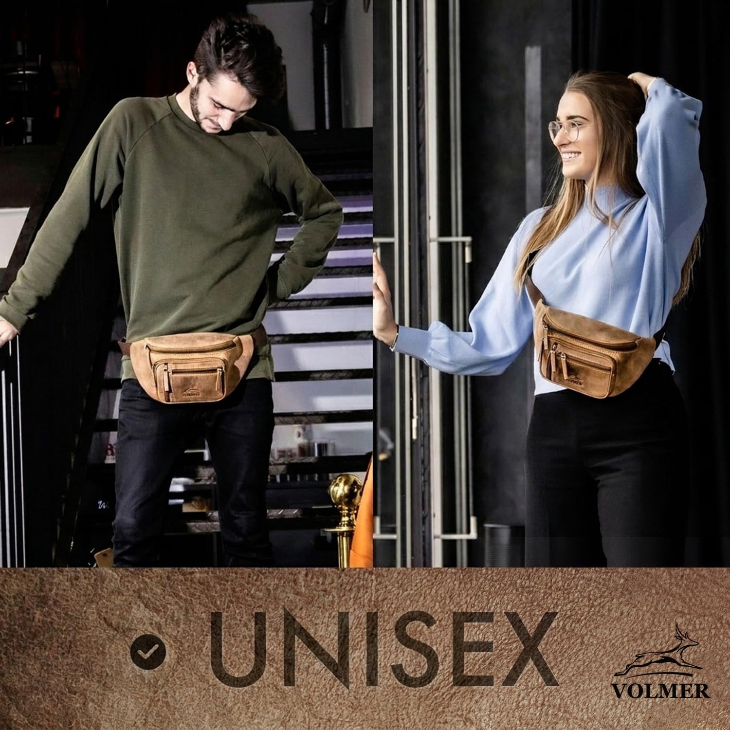 Fa.Volmer ® Gürteltasche in Echt-Leder für Damen und Herren | braun | Verstellbarer Gurt bis 130 cm | Modell: Barcelona