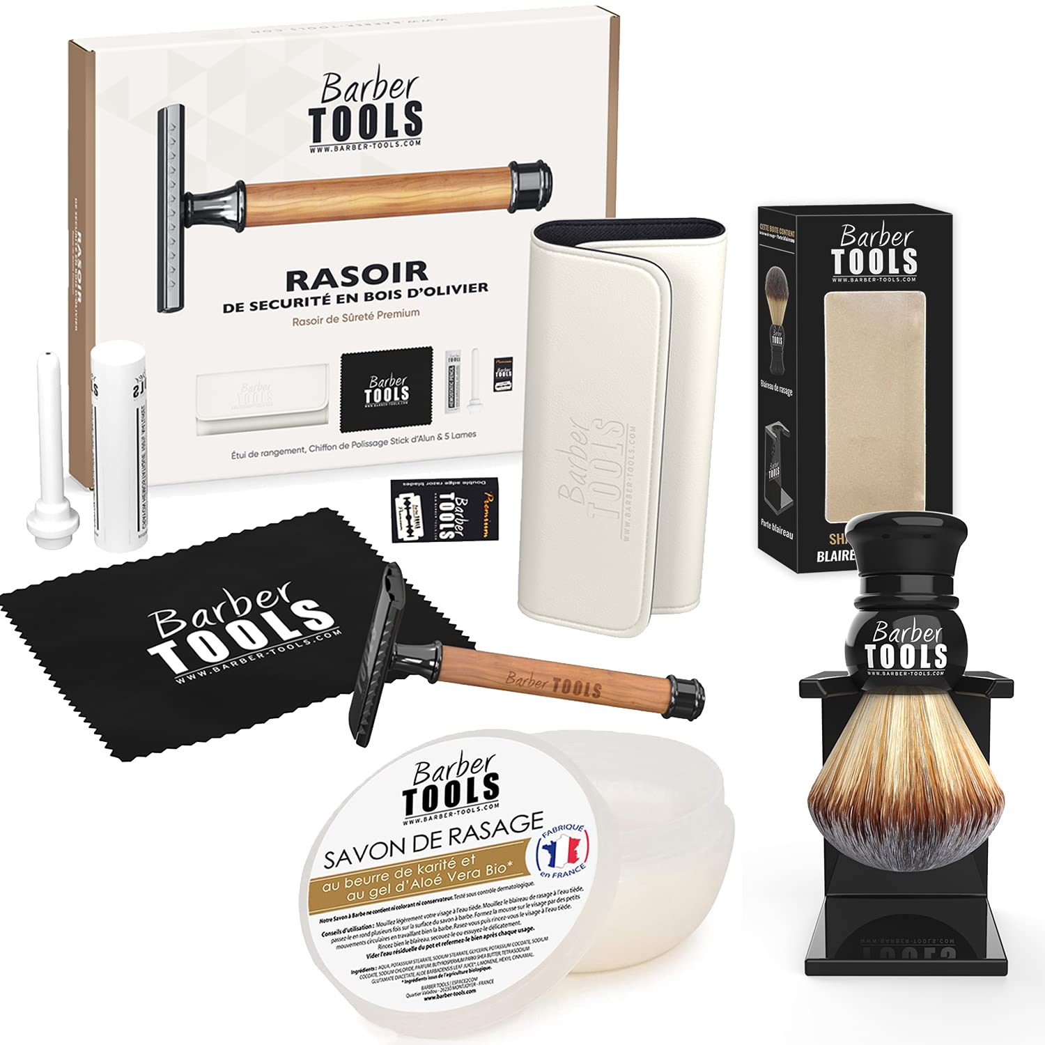 Kit de Rasage Rasoir de Sécurité + 5 Lames + Blaireau + Savon 150ml + Pierre d'Alun BARBER TOOLS