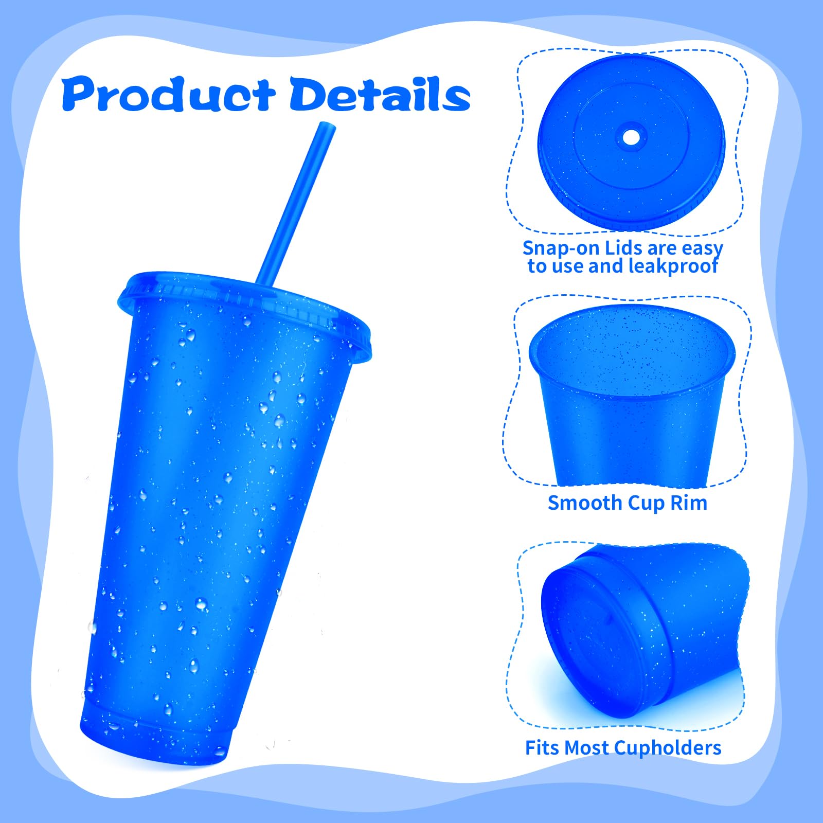 Hxezoc 16 bicchieri riutilizzabili con coperchio e cannucce, in plastica glitterata, da 680,4 g, tazze da caffè ghiacciato, tazze da viaggio per feste di compleanno, frullati, succhi di frutta, feste