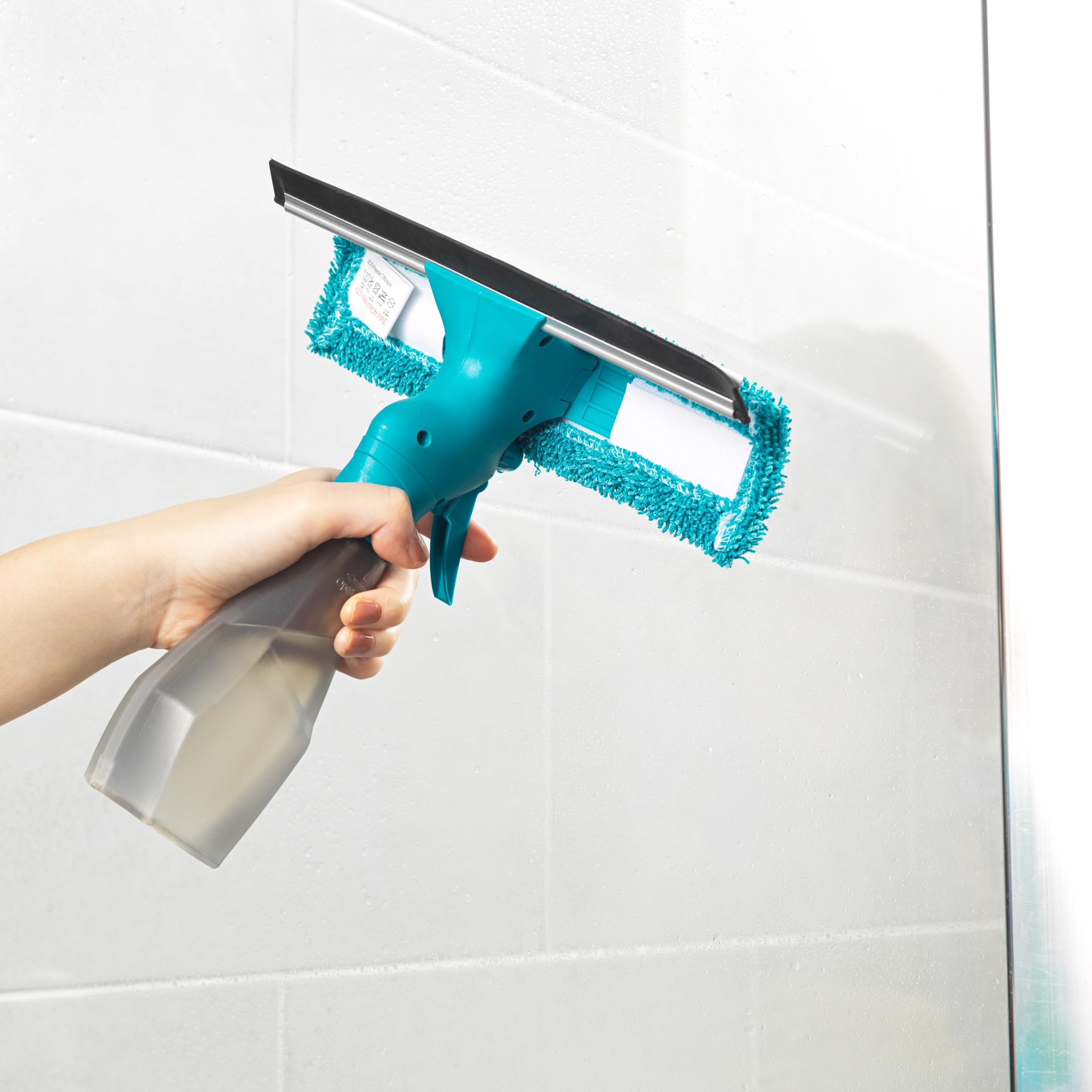 Beldray LA024275TQEU7 Detergente per Vetri Spray Salviette Integrate & Tampone di Pulizia in Microfibra, leggero, 25 x 27 cm, TergiVetro del Finestrino, Detergente per Vetri Doccia