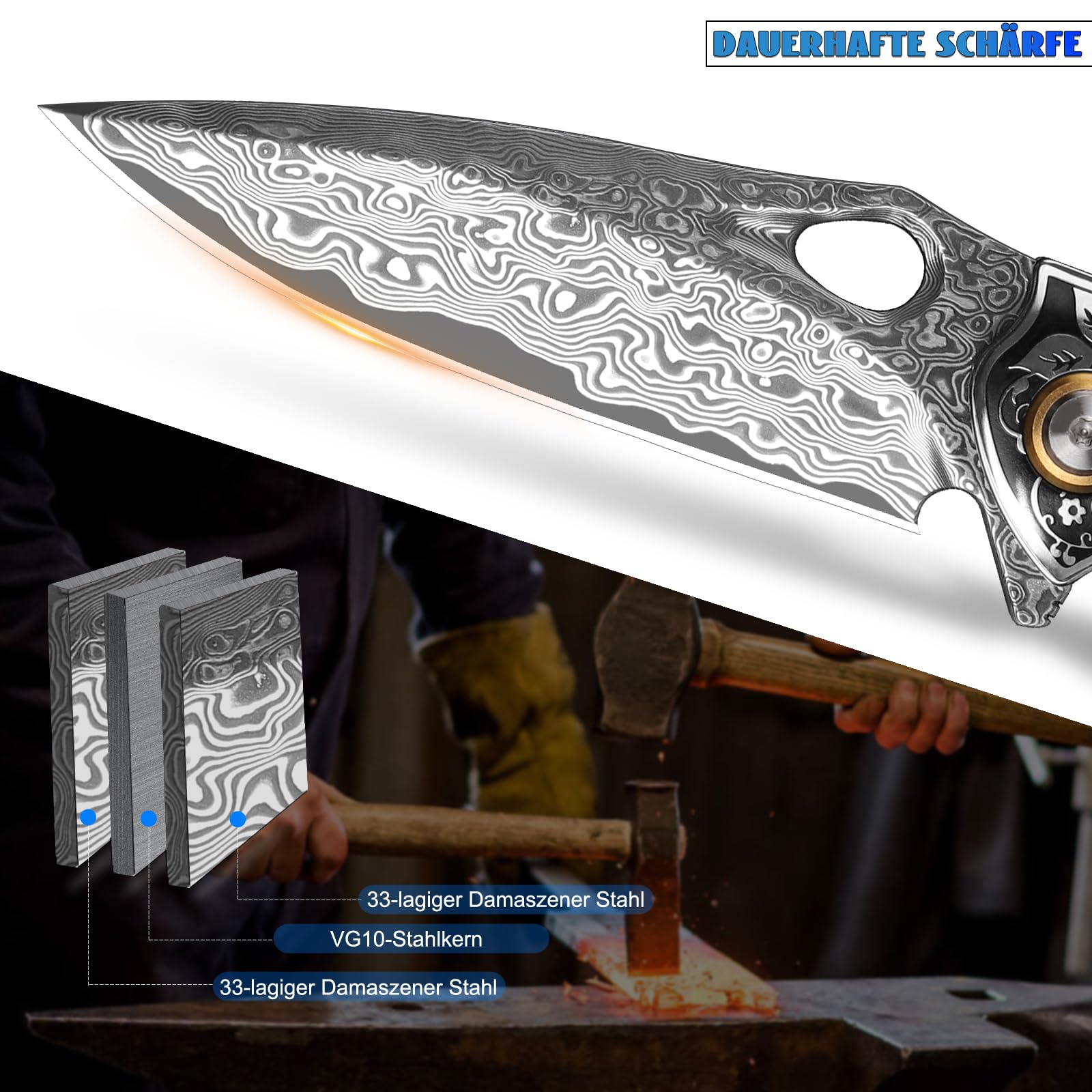 Handgefertigtes Japan Damaszener Stahl Taschenmesser，3,2-Zoll VG10 Klinge Männer und Frauen Klappmesser，Mit Holster，Futterschloss，Kunstharz und Ahorn Griff，Geeignet für EDC outdoor camping，gehen Ange