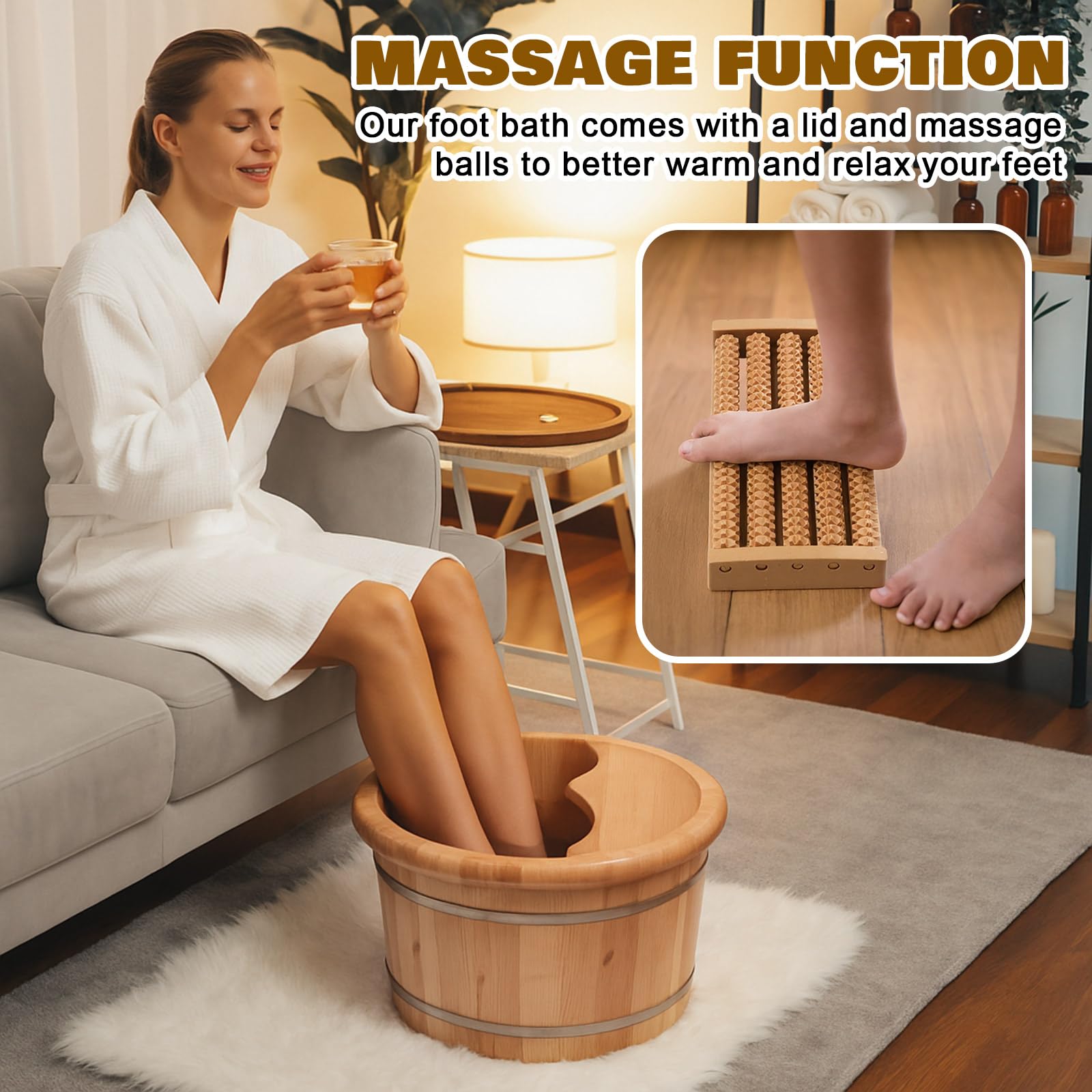 Geelin Seau de bain de pieds en bois de 26 cm de haut avec rouleau de massage et couvercle, bassin à pieds en bois épais isolé pour la relaxation, les semelles de massage, convient pour les familles