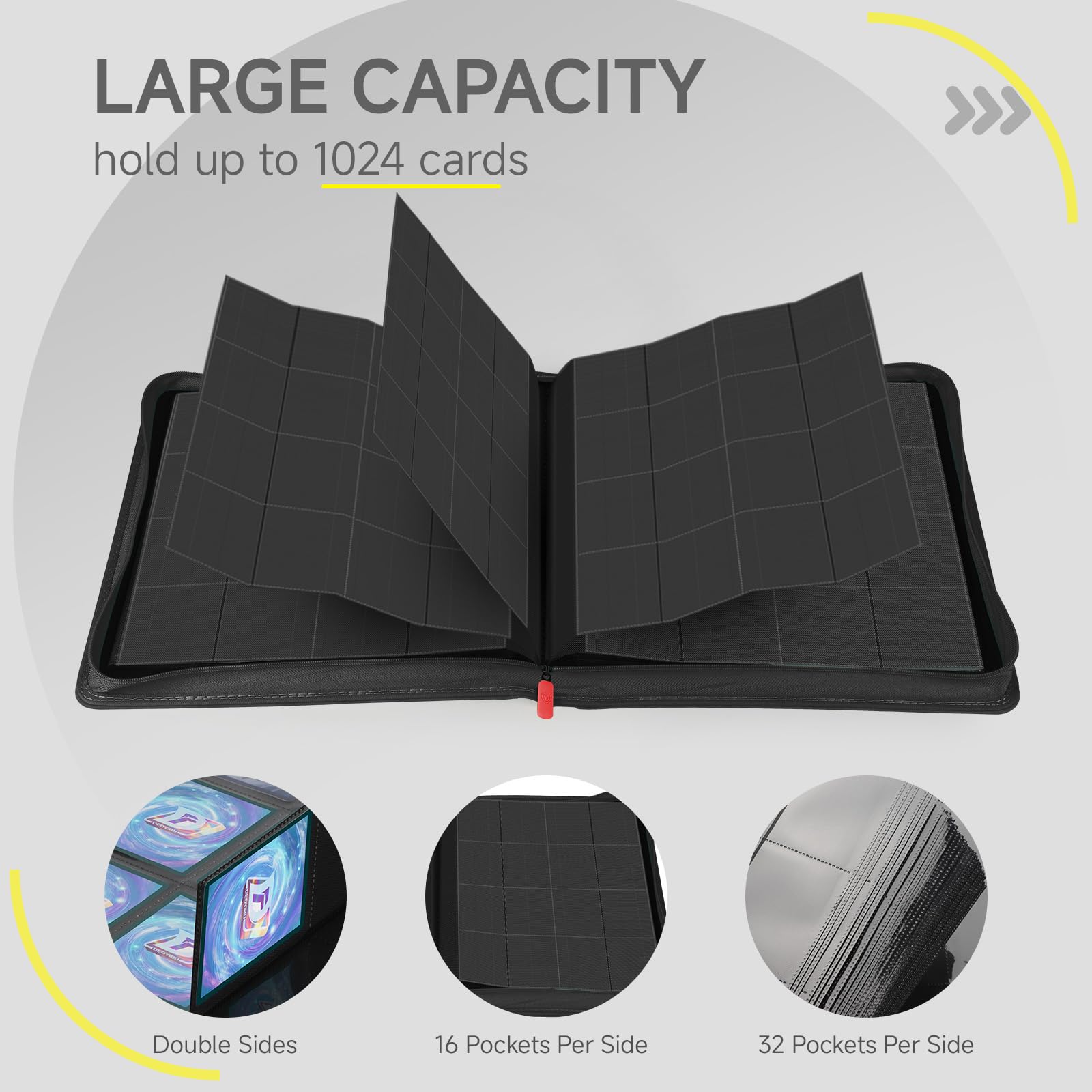Sammelkarten Album für 1000+ Karten, 16 Fächer Karten Sammelalbum Groß mit Reißverschluss, Card Binder für 1024 Trading Cards, Tcg Binder für YuGiOh, MTG, Sportkarten, Spielkartenetc, Schwarz