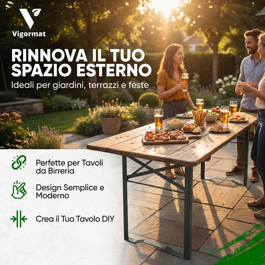 Set Gambe Pieghevoli per Tavolo in Metallo 73x53 cm, Struttura in Ferro con Kit Fissaggio Incluso - Gambe per Tavolo Birreria da Esterno per Giardino, Terrazza, Sagra (2 Gambe + Kit - Nero)