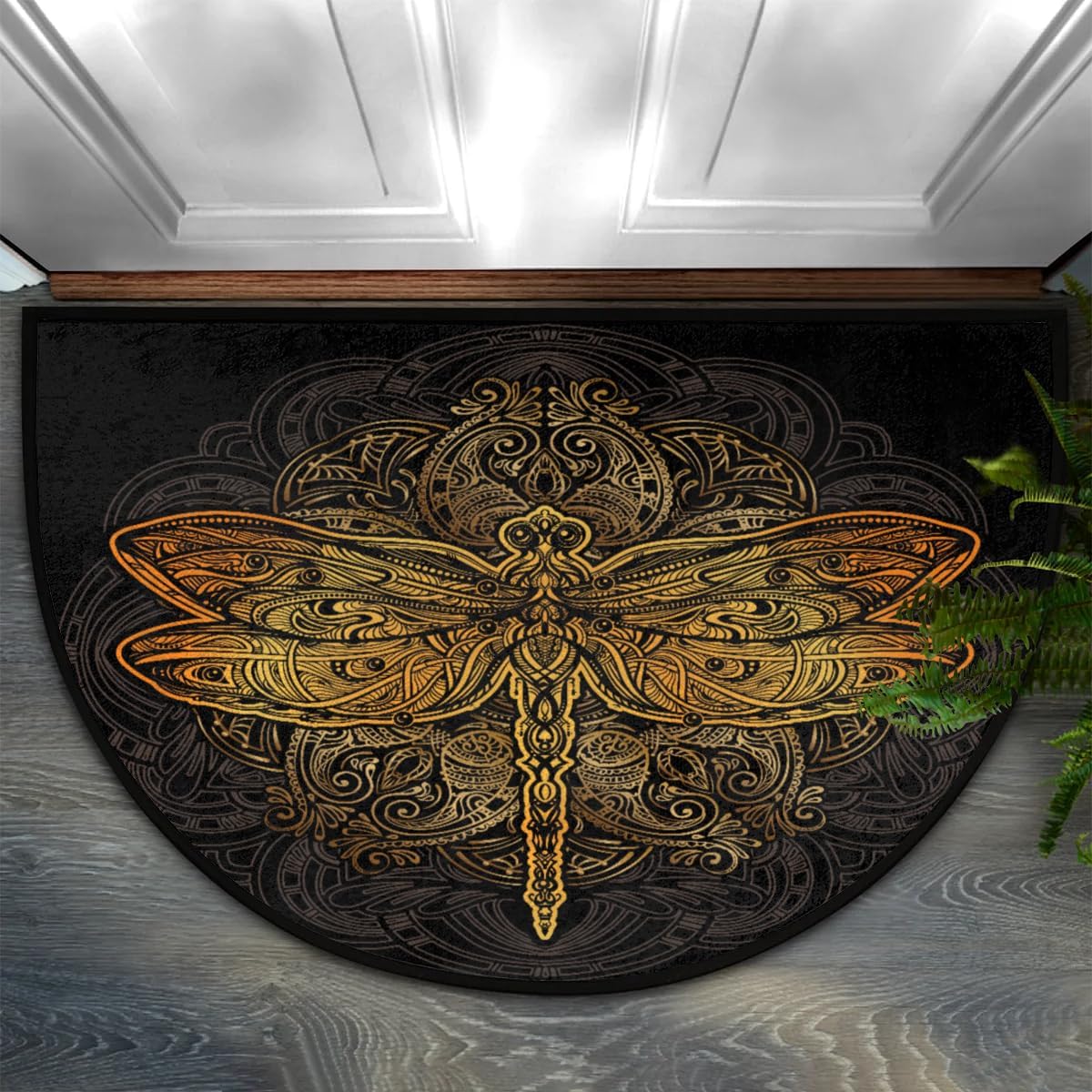 Retro Gold Dragonfly Half Round Door Mat - Non-Slip Washable Half Circle Area Rug,Half Moon Rugs for Outdoor and Indoor Home Entrance, Bedroom, Living Room, Kitchen Semi Circle Doormat 36 * 24in