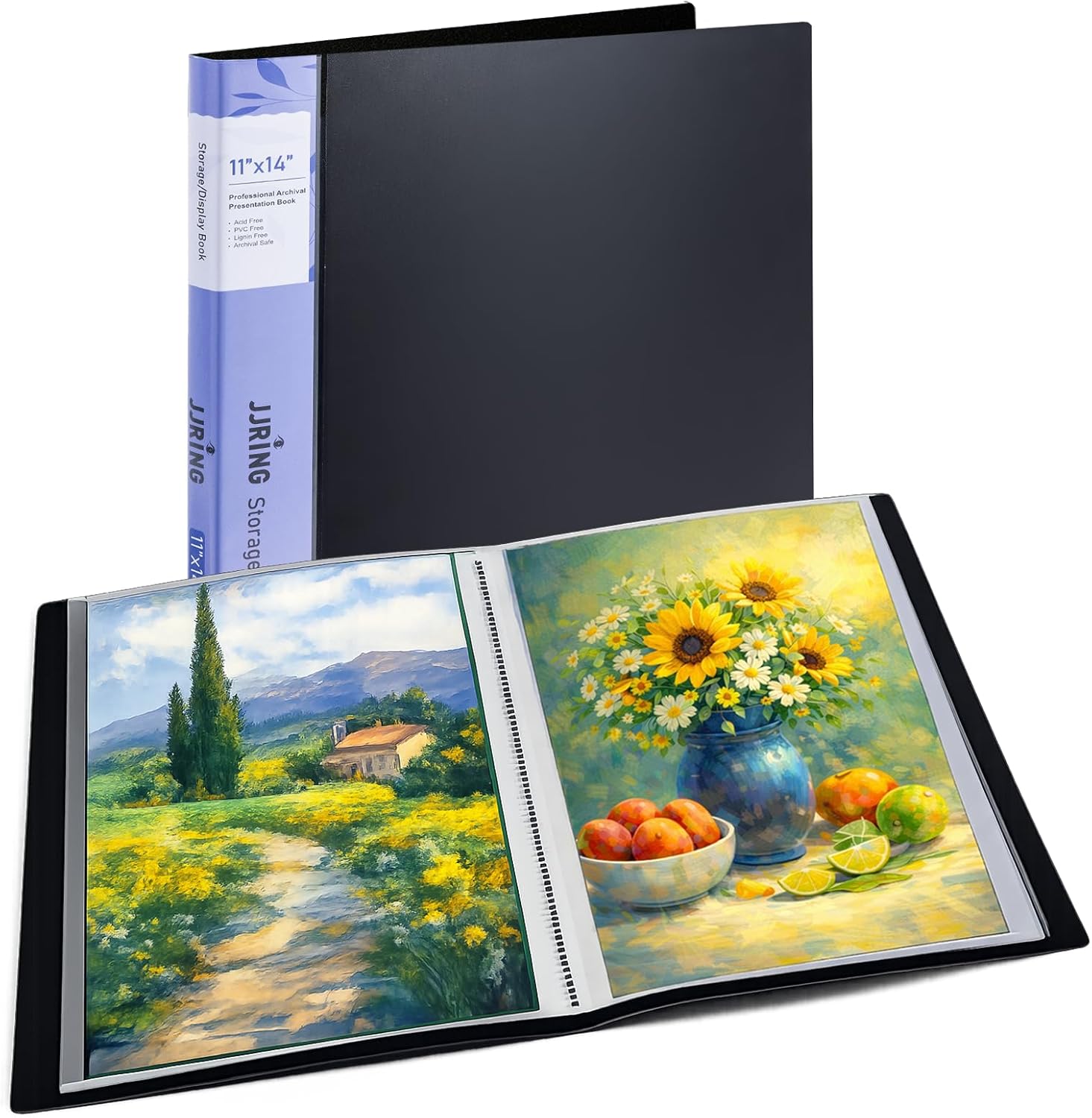 JJRING 18x24 Art Portfolio Folder with Plastic Sleeves, 24-Pocket Portfolio Binder Displaying 48 Pages, Presentation Book with Black Inner Paper for Artwork Storage, Black