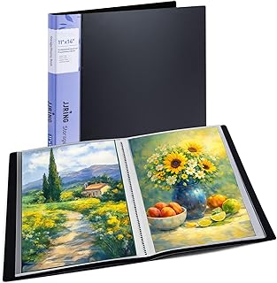 JJRING 11x14 Art Portfolio Folder with Plastic Sleeves, 24-Pocket Portfolio Binder Displaying 48 Pages, Presentation Book with Black Inner Paper for Artwork Storage, Black