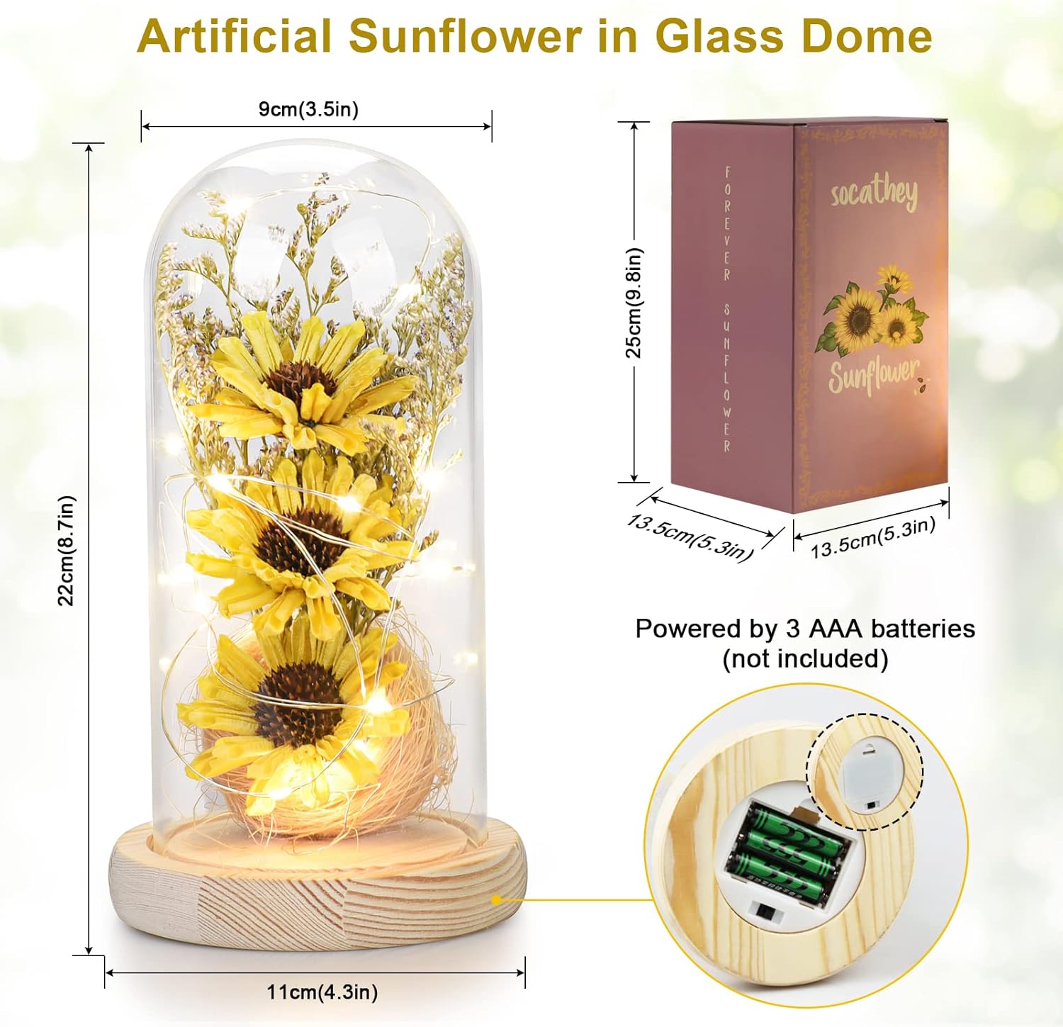 Sunflower Gifts for Women, Sunflowers Artificial Flowers in Glass Dome with LED Strip, Birthday Gifts for Mom & Grandma, Sunflower Decor on Mother's Day, Christmas, Valentine's Day (Yellow) - Image 2