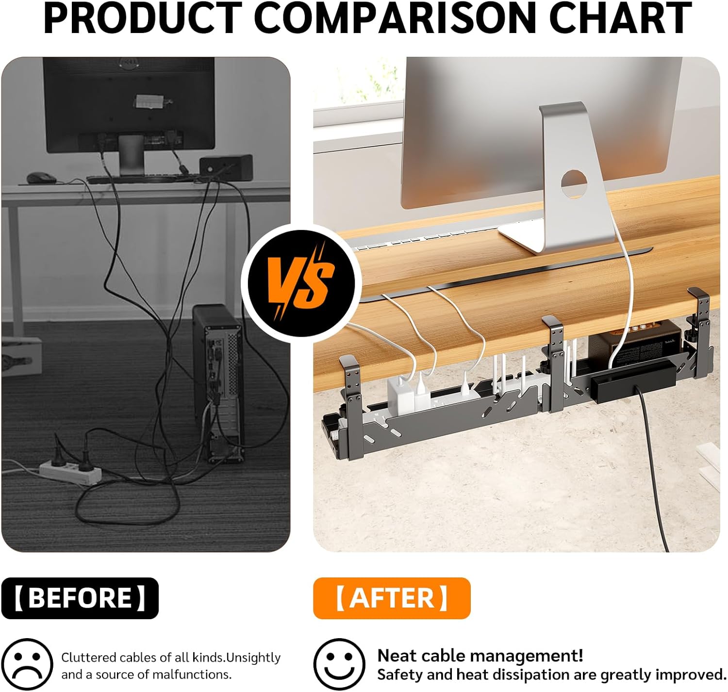 Extended Metal Under Desk Cable Management Tray with Power Outlet, No-Drill Wire Organizer with Clamp, Cord Storage Raceway for Desk Cable Management for Office Home (Black)