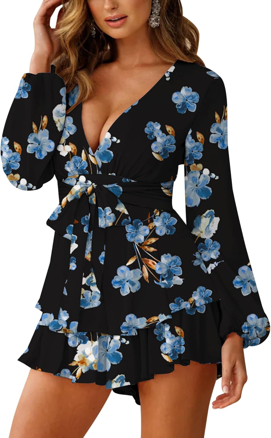 Relipop Womens Floral Print Romper V Neck Long Sleeve Double Layer Ruffle Hem Shorts Jumpsuit 2026 Beach Vacation Outfits - Image 2