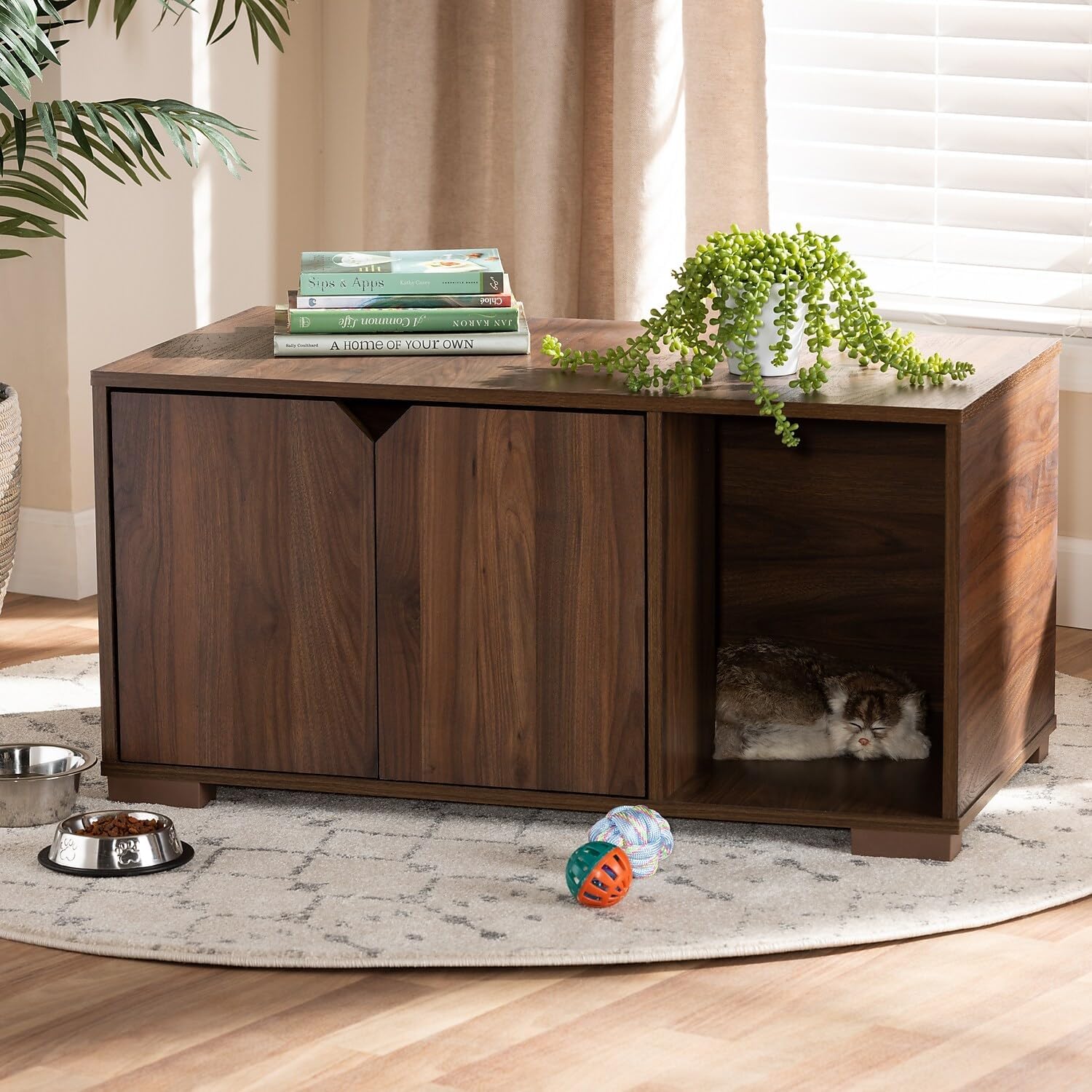 Baxton Studio Jasper Cat Litter Box Cover House, Walnut (157-9544-HiT)