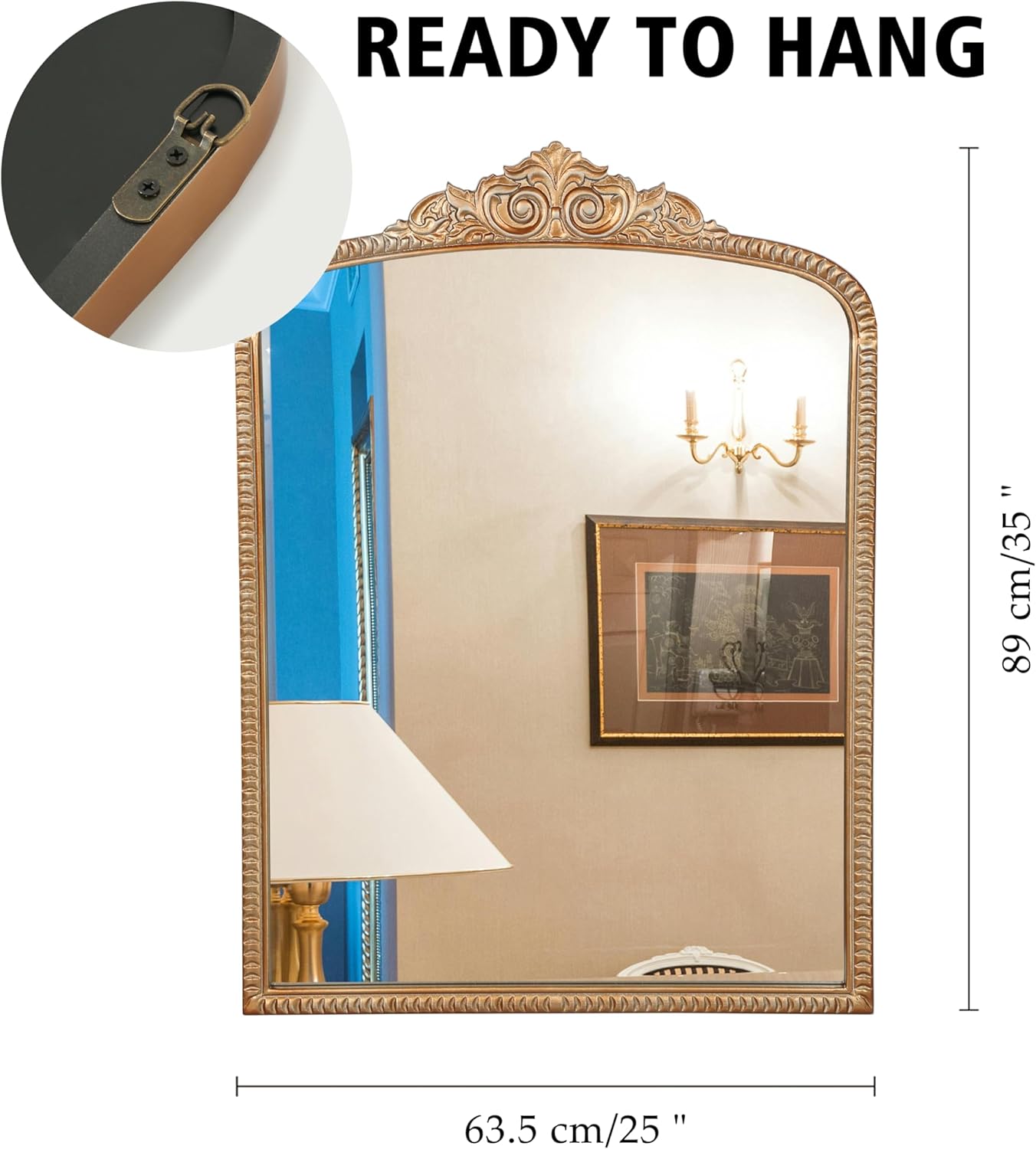 Vintage Arch Wall Mirror, Distressed Wood Frame with Ornate Carved Top, Antique Finish Hanging Mirror for Living Room, Bedroom, Entryway, and Bathroom, 35x25 Inch (Vintage Brass Gold)