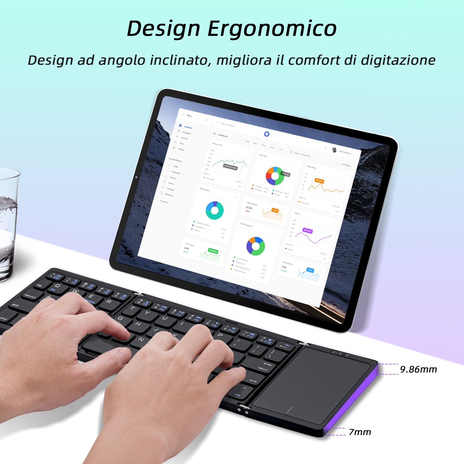 Mcbazel Tastiera senza fili pieghevole con touchpad per tablet/cellulare/PC, tastiera portatile senza fili ricaricabile supporta più dispositivi/iOS/Android/MacOS/Windows, Layout US – nero