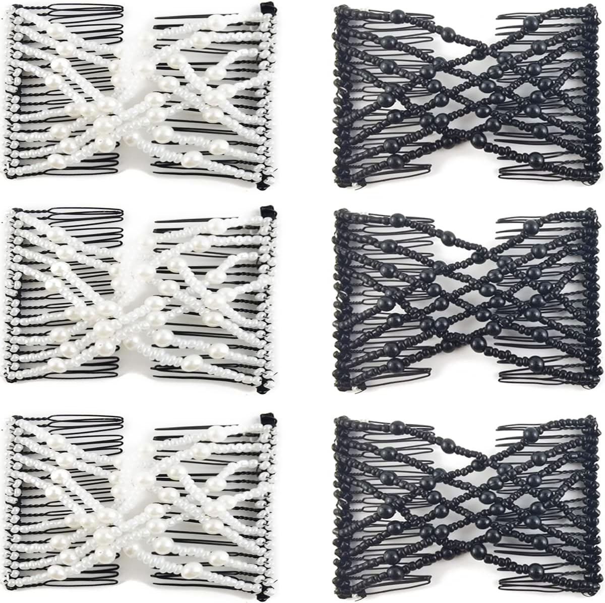 NSBELL 6PCS Beads Hair Combs Magic Elastic Hair Clips Stretchy Hair Comb Double Clips for Women Girls Hair Accessory