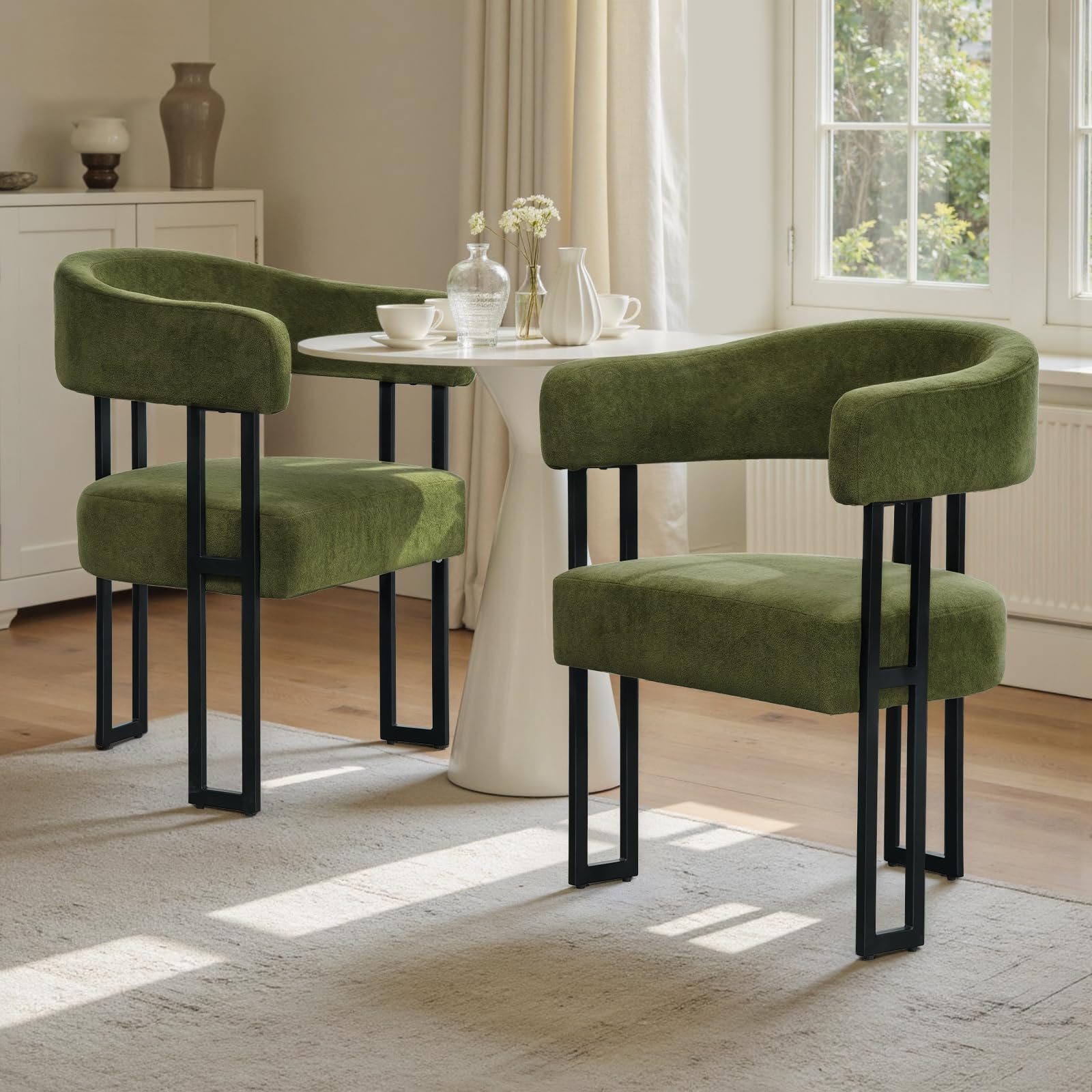 SIMTONAL Mid-Century Modern Dining Chairs Set of 2, Armrest Barrel Dining Chairs Side Accent Chairs with Curved Back, Upholstered Armchairs for