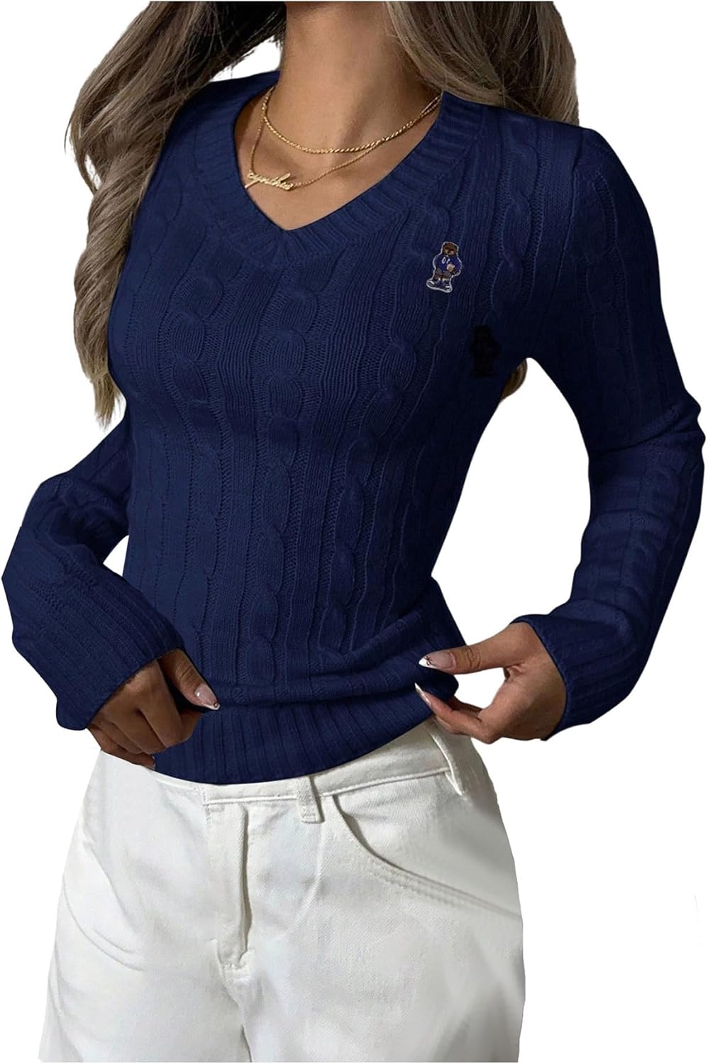 SHENHE Women's Bear Knit Sweater Long Sleeve V Neck Fitted Pullover Top Business Casual Work Fall Outfits