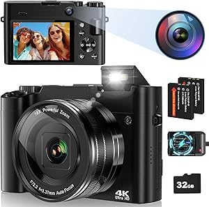 Digital Camera, 4K 64MP Autofocus Vlogging Camera for Photography and Selfies, Compact Camera with 32G SD Card 3” LCD Scr…