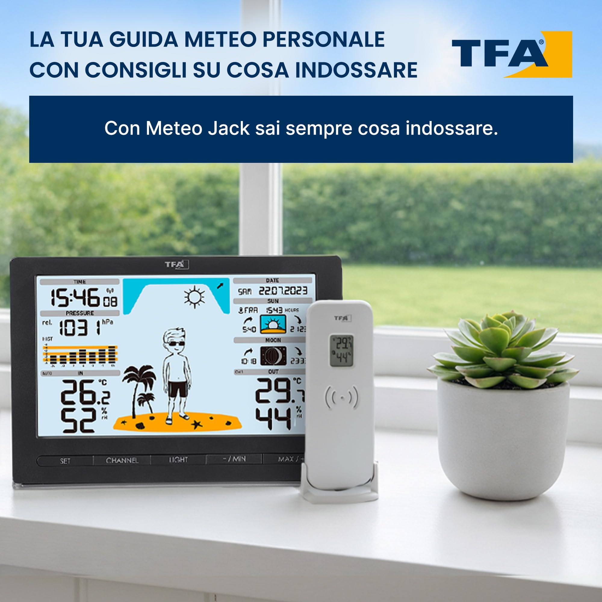 TFA Dostmann Stazione Meteo Wireless METEO JACK, 35.1097.01, con Sensore Esterno Radiocontrollato, Previsioni del Tempo, Pressione Atmosferica, Fasi Lunari, Orologio Radio, Nero