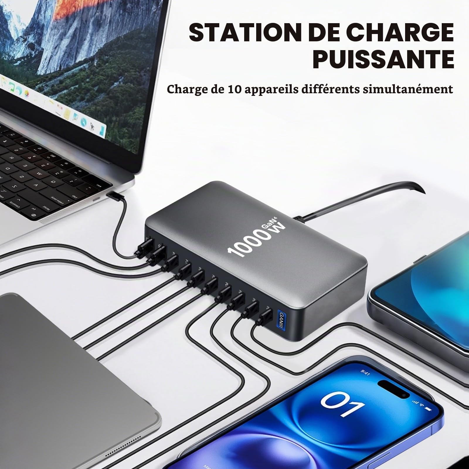 1000W Station de Charge - Chargeur Rapide à 10 Ports avec 8 Ports USB C + 2 Ports USB A, Caricatore USB Multiplo Compatible avec MacBook, iPad, iPhone séries 16/15/14, Galaxy S22/ S20, Dell, HP