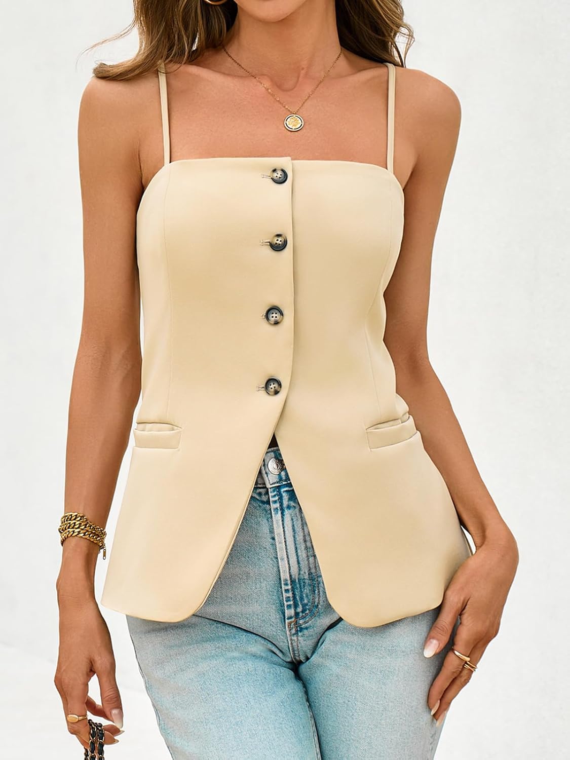 Cicy Bell Womens Summer Cami Suit Vest Dressy Casual Button Down Waistcoat Fitted Split Hem Sleeveless Blazer Tops - Image 4