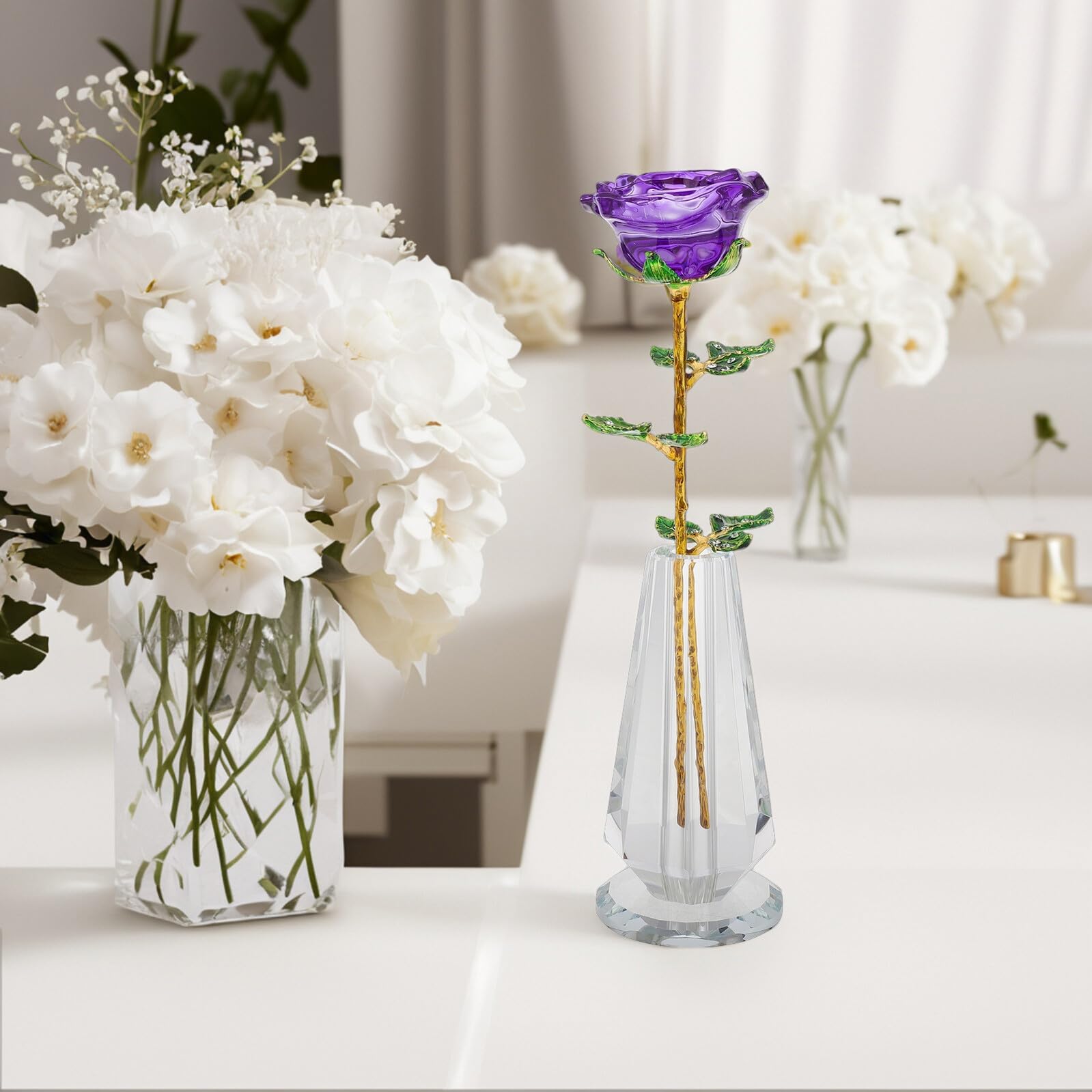 Angoily Figura Coleccionable de Morado con Tallo Dorado y Jarrón de Adorno Floral Decorativo para Bodas Aniversarios y San Valentín Estatua para de Mesa Elegante