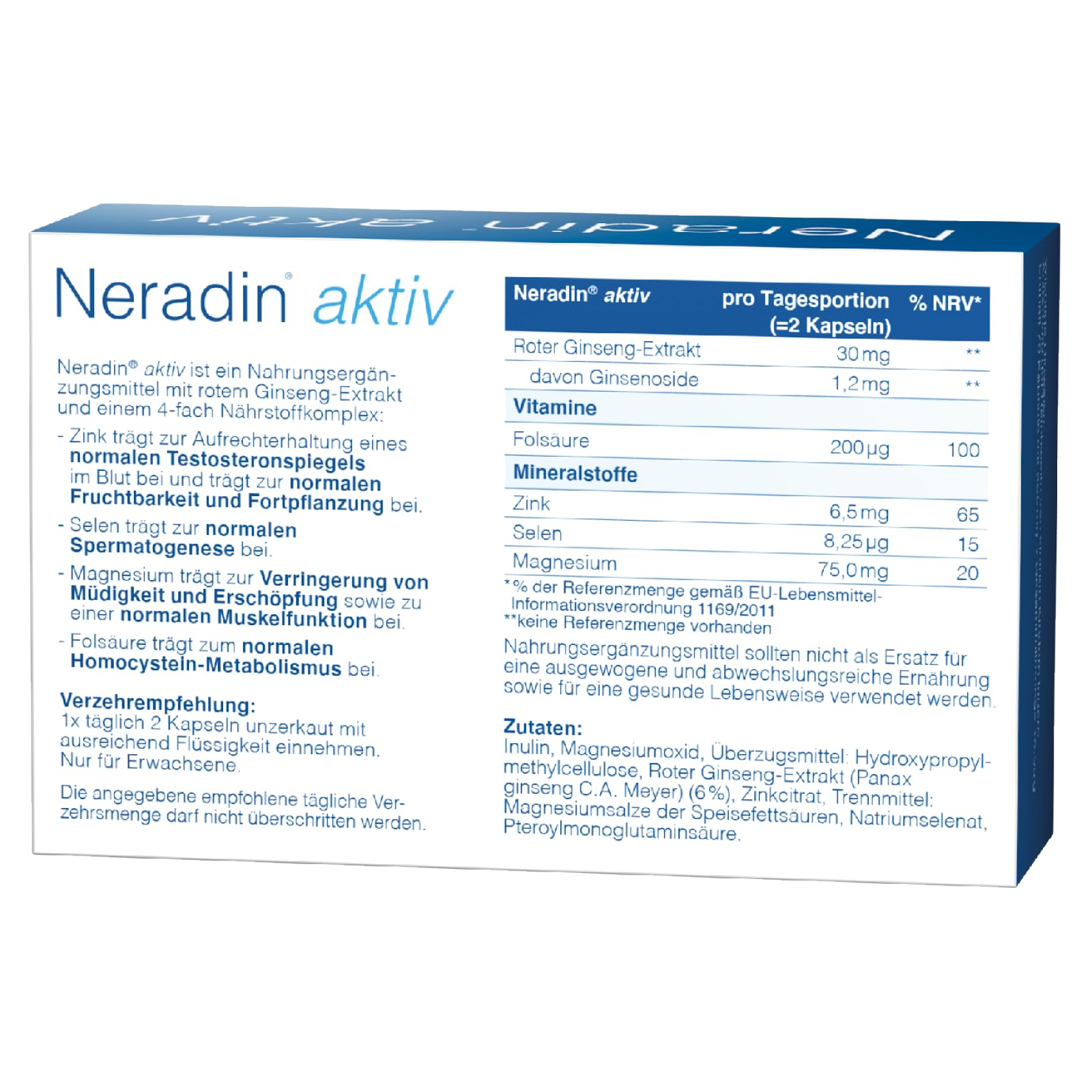 Neradin Aktiv - Mikronährstoffkomplex - mit rotem Ginseng-Extrakt sowie einem nützlichen 4-fach-Nährstoffkomplex aus Zink, Selen, Magnesium und Folsäure - 70 Stück