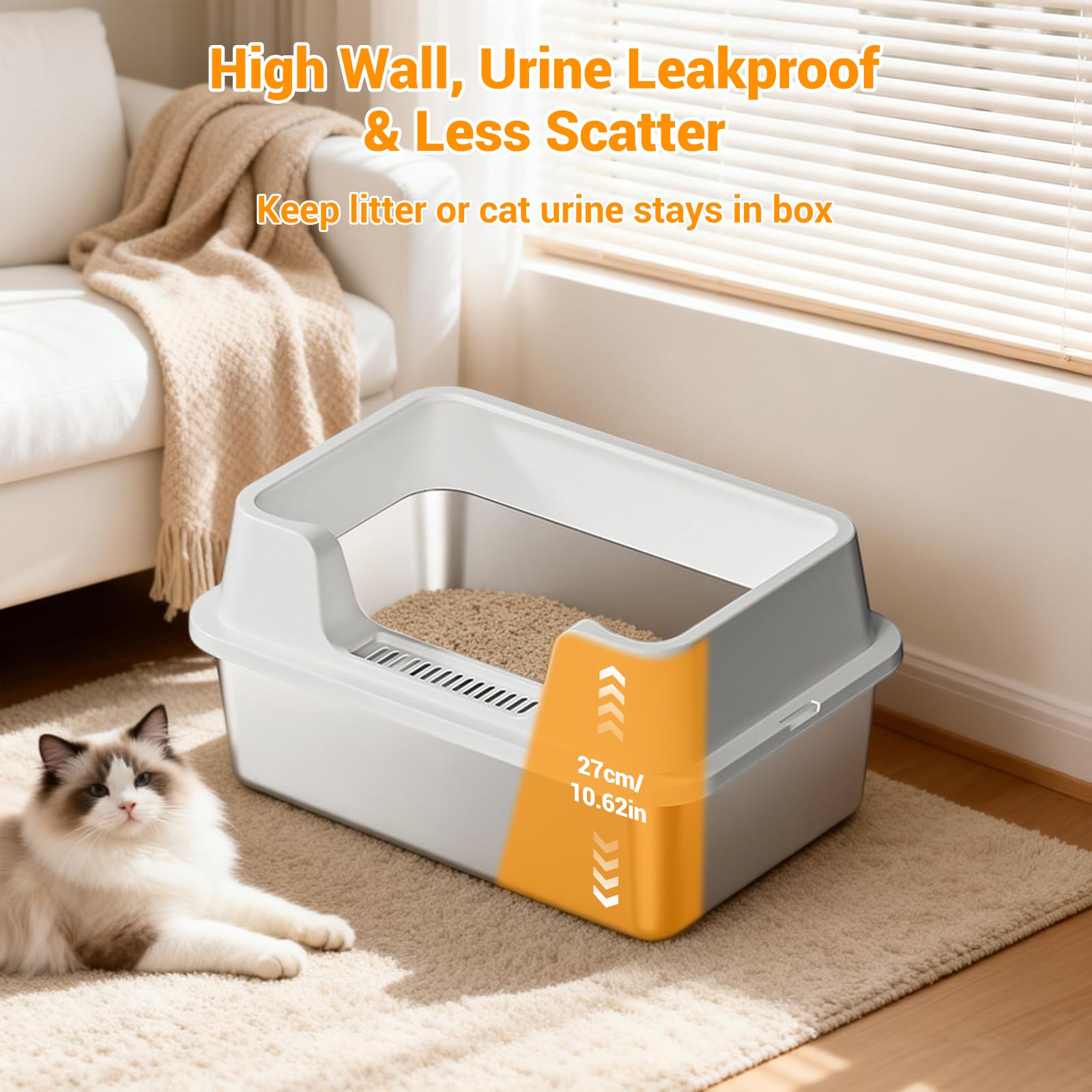Bac à Litière Pour Chat En Inox Avec Pelle – Anti-Odeur, Parois Hautes Anti-Fuite, Nettoyage Facile, Taille XL, Pour Grands Chats Maine Coon Et Chatons - Gris, Dimensions : 50 x 35 x 22 cm