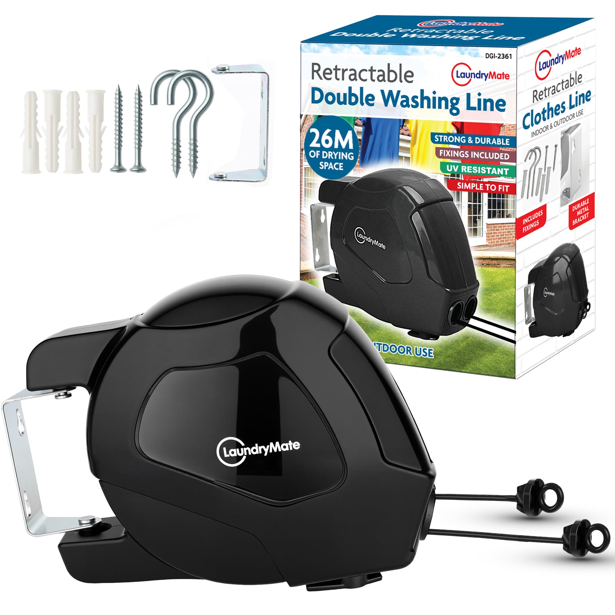 Retractable Washing line Duo Reels 2x13M (26M) Heavy Duty Extendable Washing Line with Twin Cable - Wall Mounted Washing Line for drying cloths - Indoor & Outdoor Ultimate Drying Solution