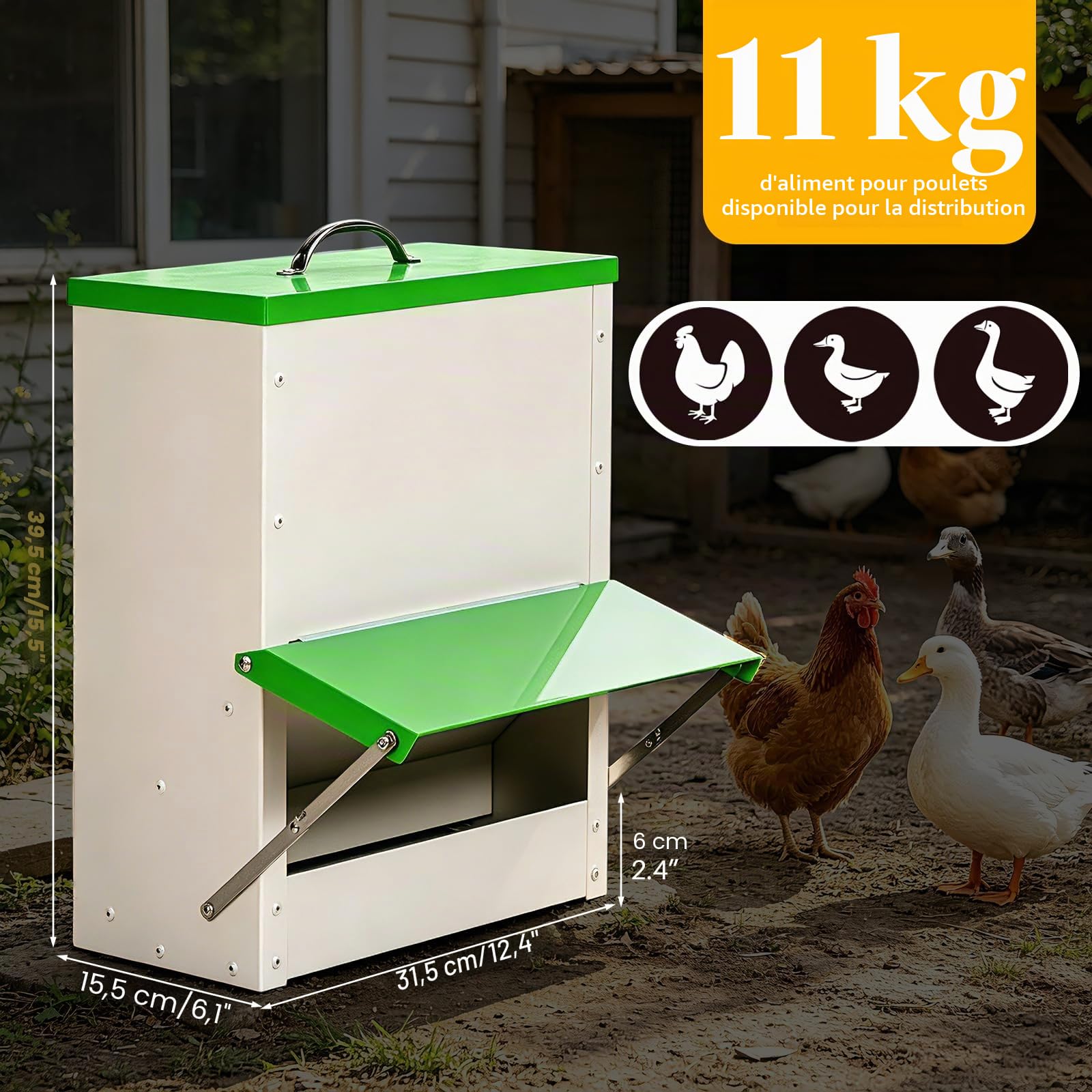 Distributeur Automatique Nourriture Poules en Métal, 11 Kg, Imperméable