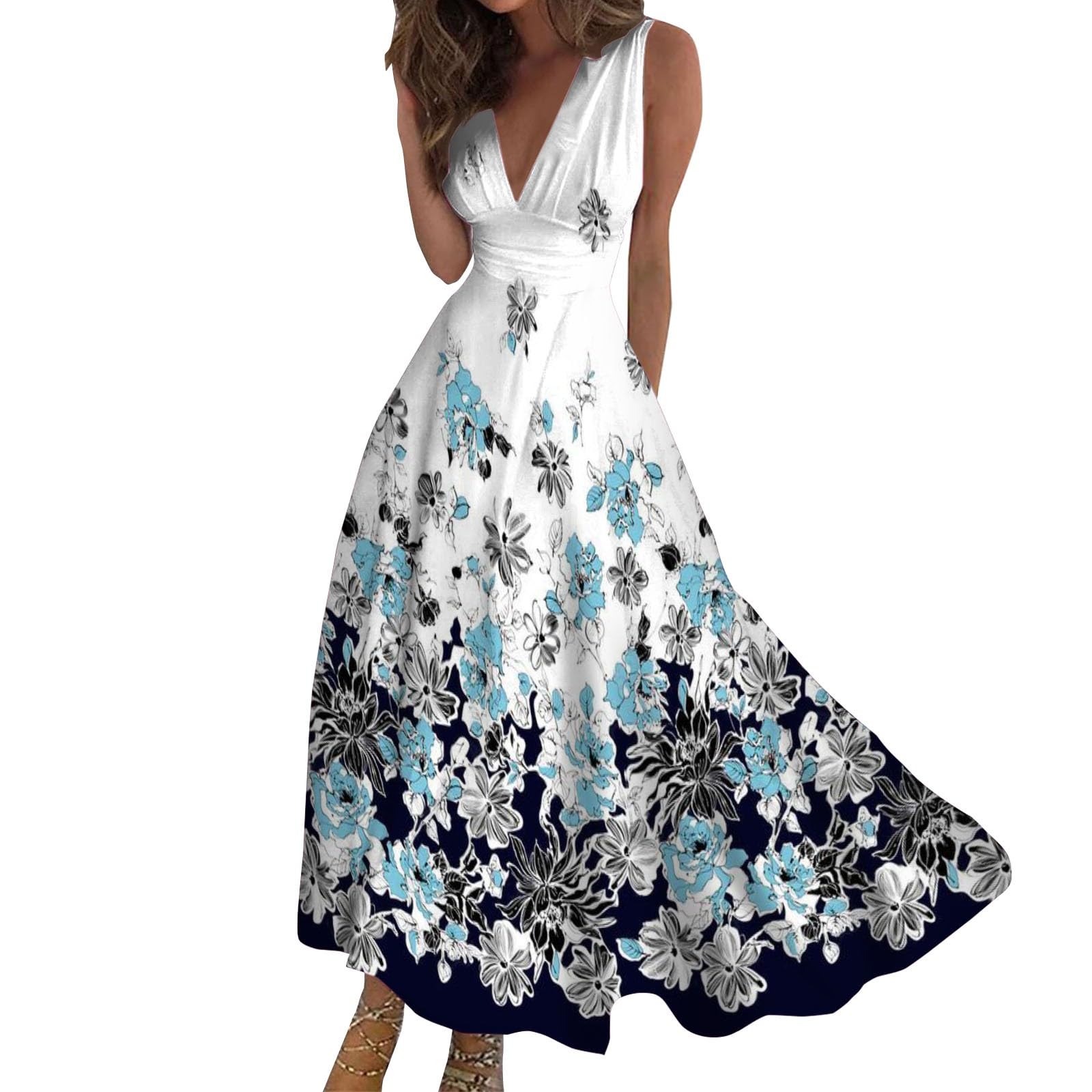 Generic Mujer Vestidos de Punto Ropa Interior Mujer Primavera/Verano 2024 Elegante Vestido Largo sin Mangas con Cuello en V Elegante Fluido Estampado Vestido Largo de Encaje Vestido Largo Vestido de Playa
