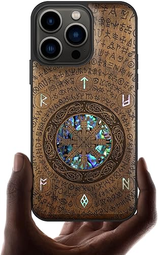 Carveit Funda protectora de madera de diseñador para iPhone 13 Pro, cubierta magnética, grabado de madera e incrustaciones de concha, funda de