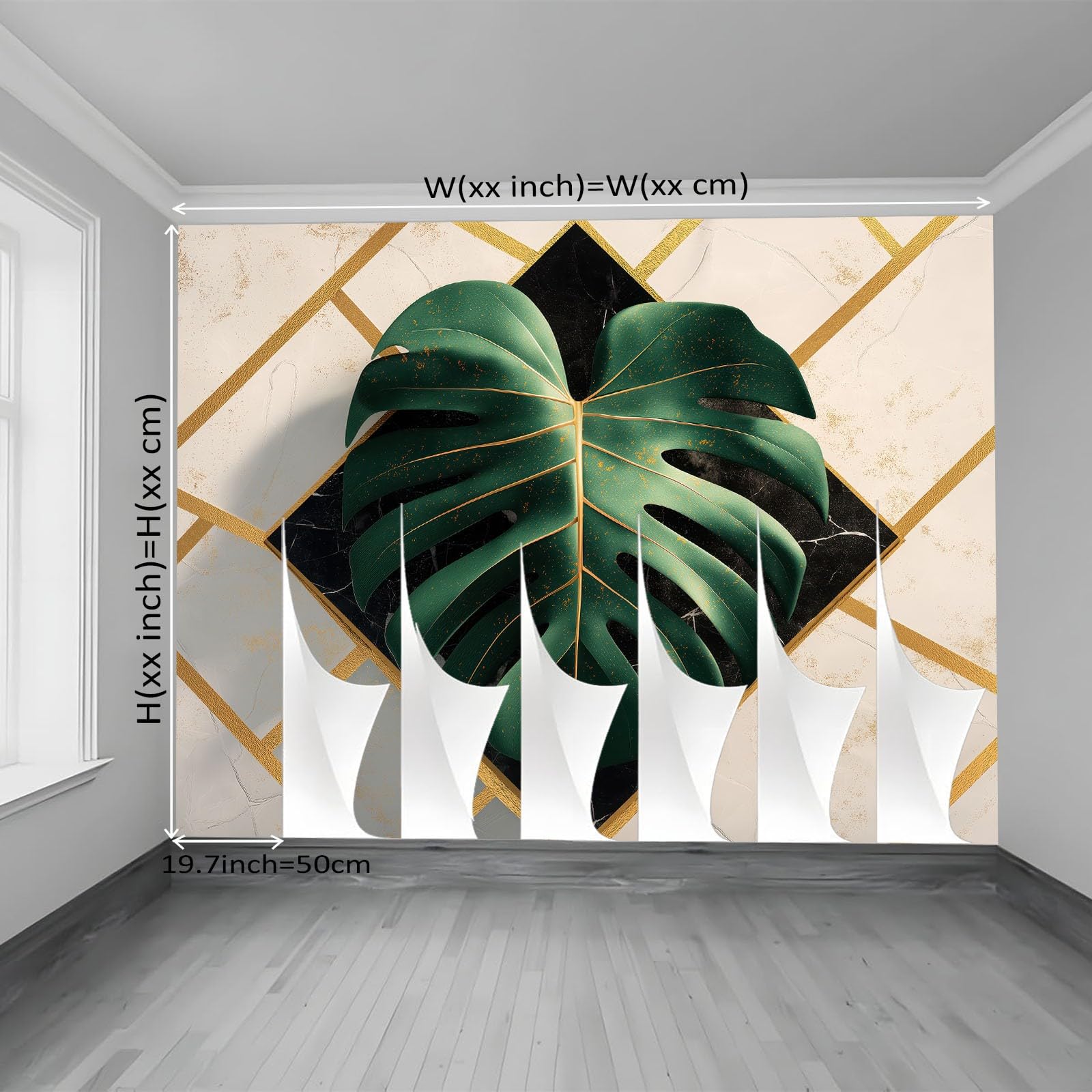 Bardzo duży mural ścienny 400 x 280 cm (szer. x wys.), zielony luksusowy styl marmur monstera, tapeta premium wymagana do przestronnego salonu
