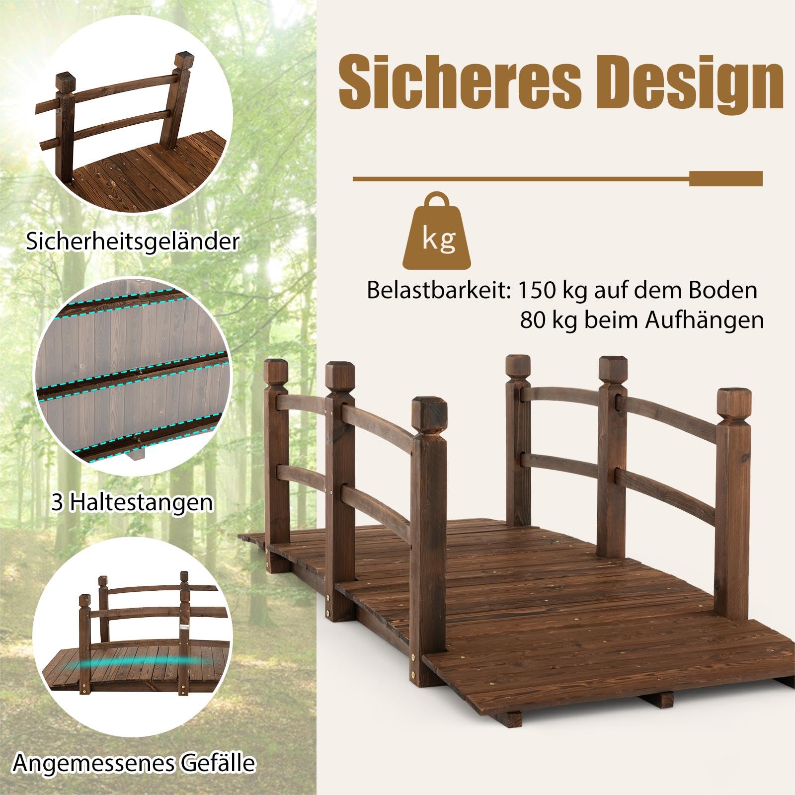 SOARS Holzbrücke mit Geländer, Gartenbrücke aus Fichtenholz, stabile Teichbrücke bis 150 kg belastbar, 171,5 × 75,5 × 58 cm, Zierbrücke begehbar, Dekobrücke für Garten, Teich & Bach