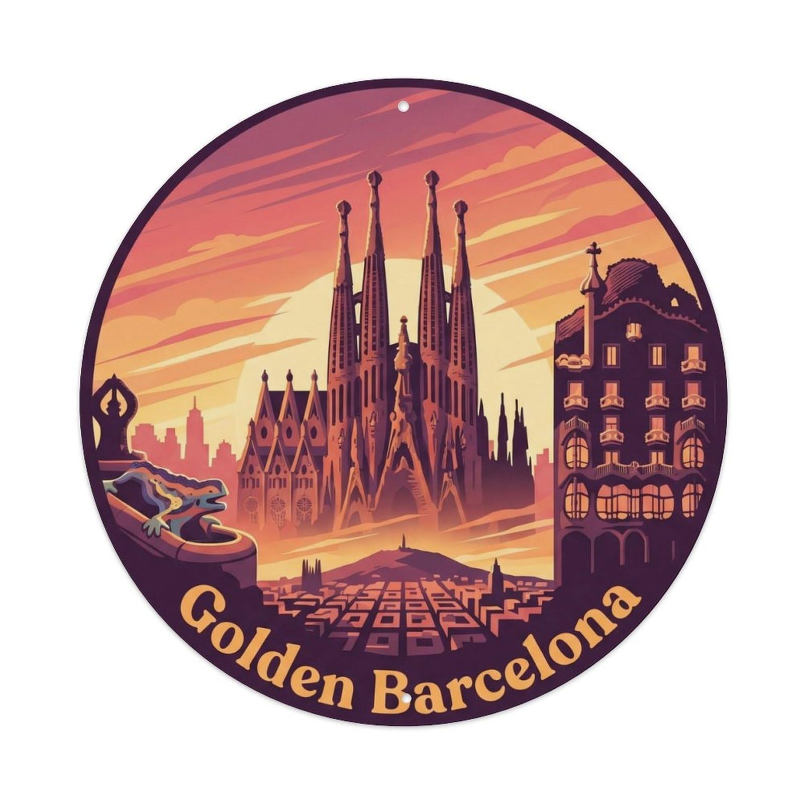 Barcelona Spanish Sunset Historic Tourism Classic Destination Metal Tin Sign Plaque Wall Decor for Cafe, Man Cave, Club Bar, Office, Home Garden Round Metal Poster 8x8Inch
