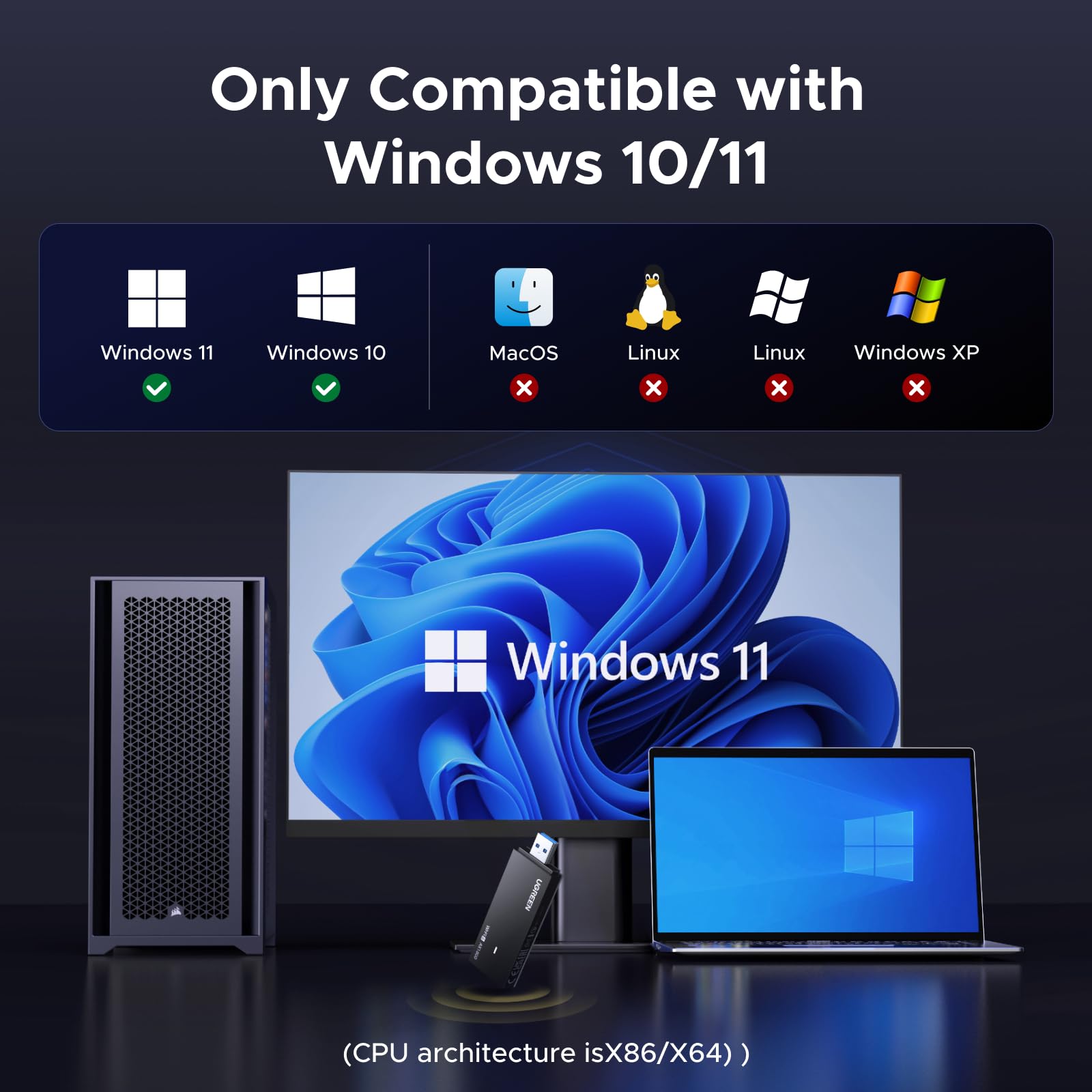 UGREEN Chiavetta USB WiFi 6 AX1800 Potente WiFi USB Doppia Banda 2.4/5GHz | Rete Modalità Soft AP Cifratura WPA3, Driver Integrato, per PC Laptop, Compatibile Windows 11 10