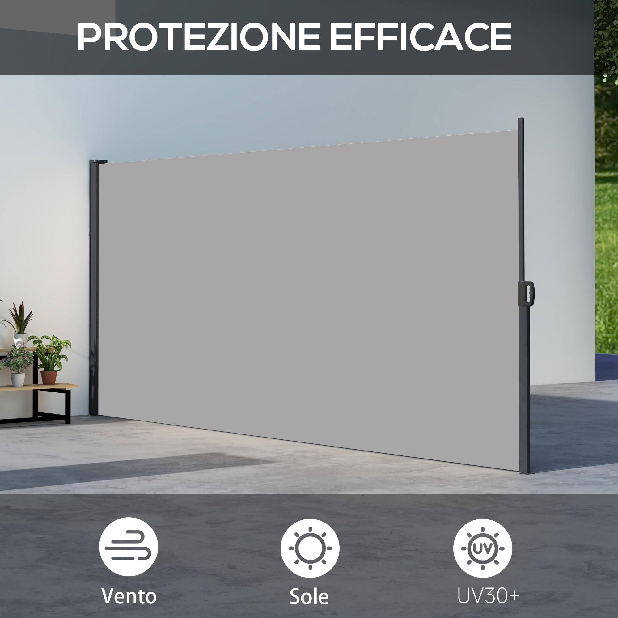 Outsunny Tenda Laterale Retrattile con Maniglia, Frangivista Balcone in Metallo, Alluminio e Poliestere, 180 g/m², UV30+, per Balcone Giardino ed Esterno, 400x180 cm, Grigio Chiaro
