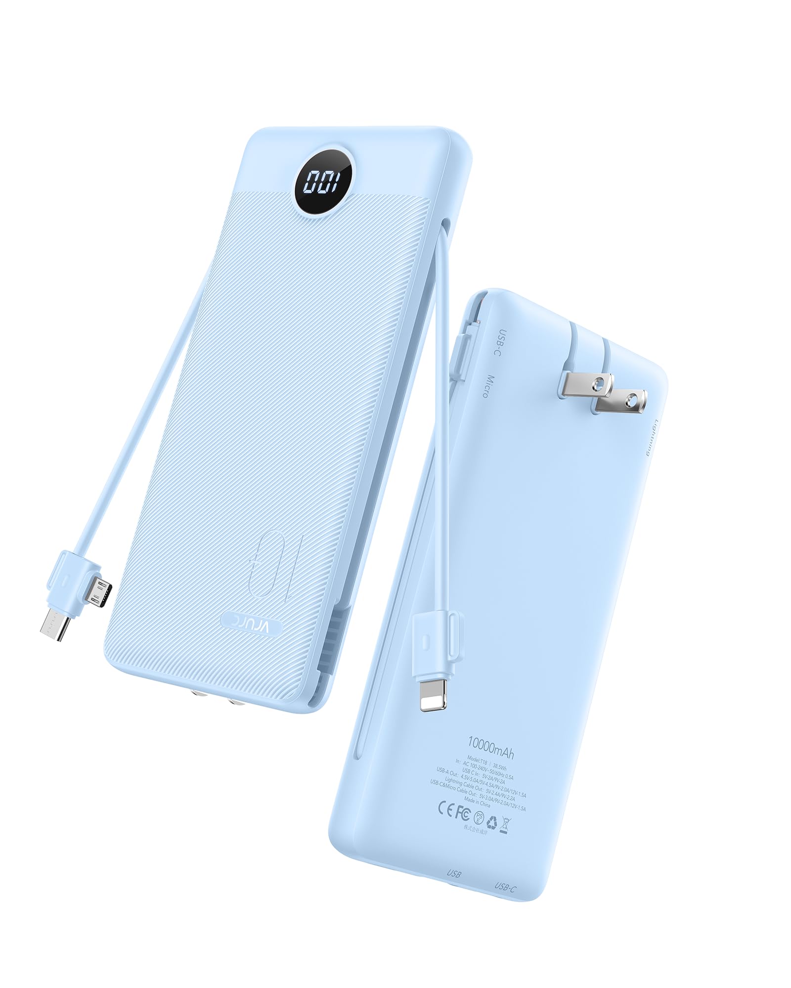 VRURC Portable Charger with Wall Plug and Cables 10000mAh Power Bank with 22 5W Fast Charging USB Port