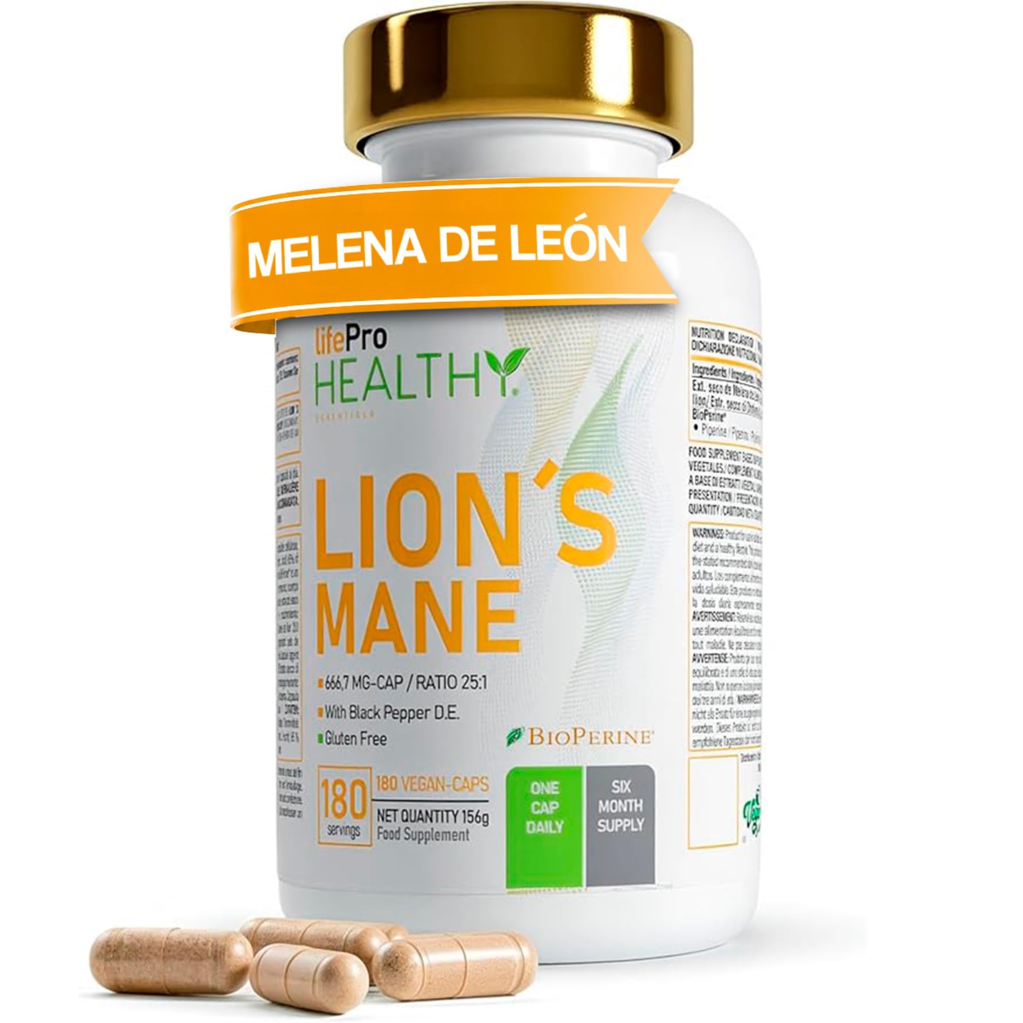 Life Pro Lions Mane capsules o Melena de Leon capsulas superlativa Alta Potencia 16,000mg – Extracto 25:1 Ultra-con BioPerine® – Alto Polisacáridos y Beta-Glucanos – 6 Meses – Nootropico, inmunidad.