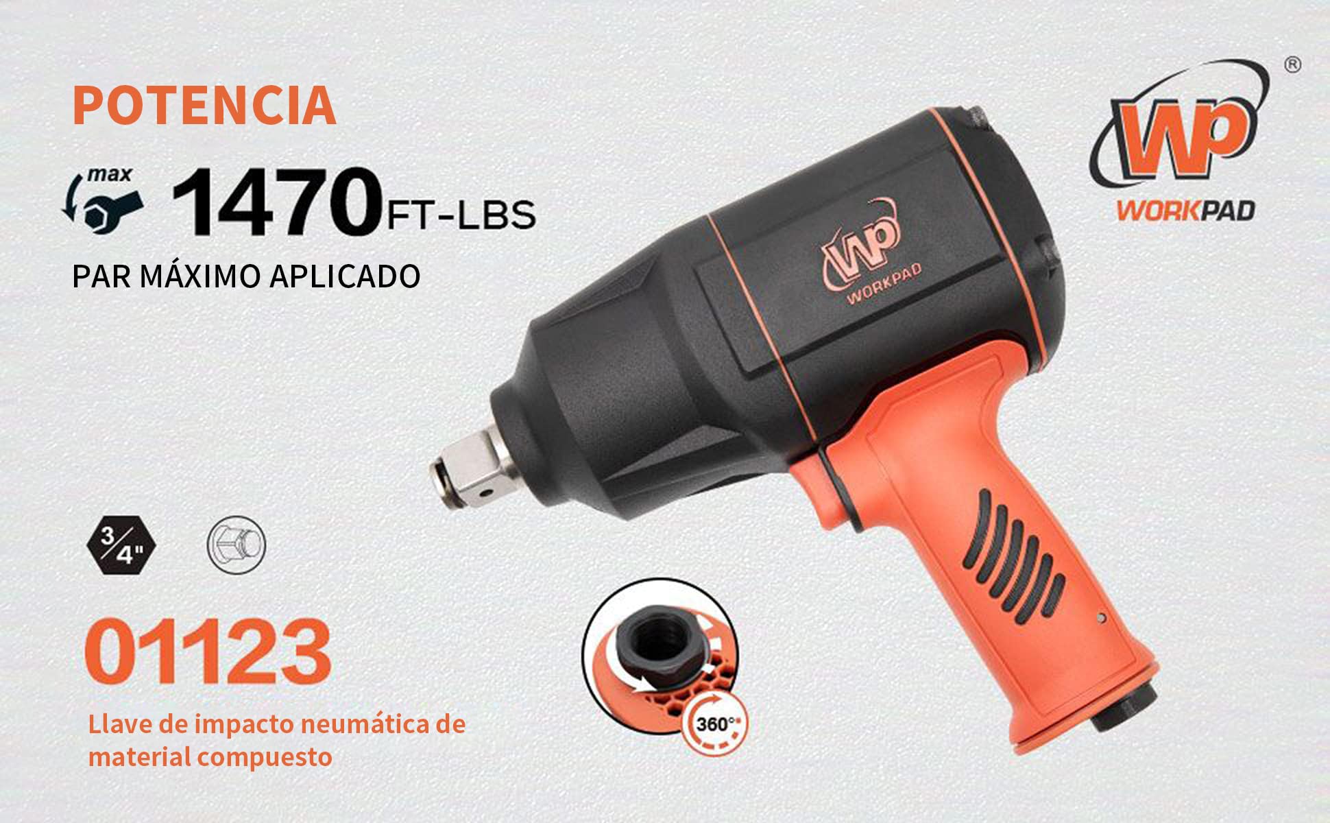 WORKPAD Llave de impacto neumática Twin Turbo, par de apriete máx. 2000 Nm. Par de apriete 2000 Nm, cuadradillo 19mm (3/4 pulgada),llave de impacto aire comprimido