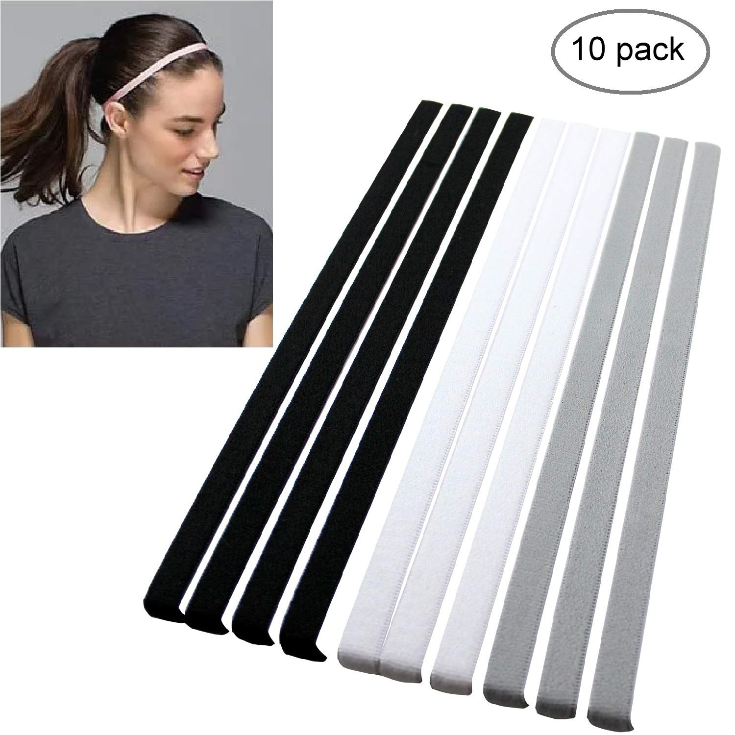 Girls Sport Headbands Non-Slip Hairband - Athletic Grip Elastic Single Skinny Sweatbands for Guide Sweat when Running Soccer Basketball YOGA Tennis Cycling 10 Pack