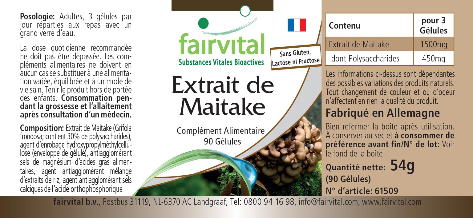 fairvital Estratto di Maitake 500 mg, 90 capsule, facili da deglutire, ALTO DOSAGGIO, Grifola frondosa, 30% di polisaccaridi, VEGANO