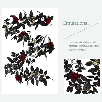 BFYDOAA 180cm Artificial Black Rose Vine Halloween Hanging Rose Flower Garland with Berries for Table Centerpiece,Fireplace Door Frame Backdrop Decor
