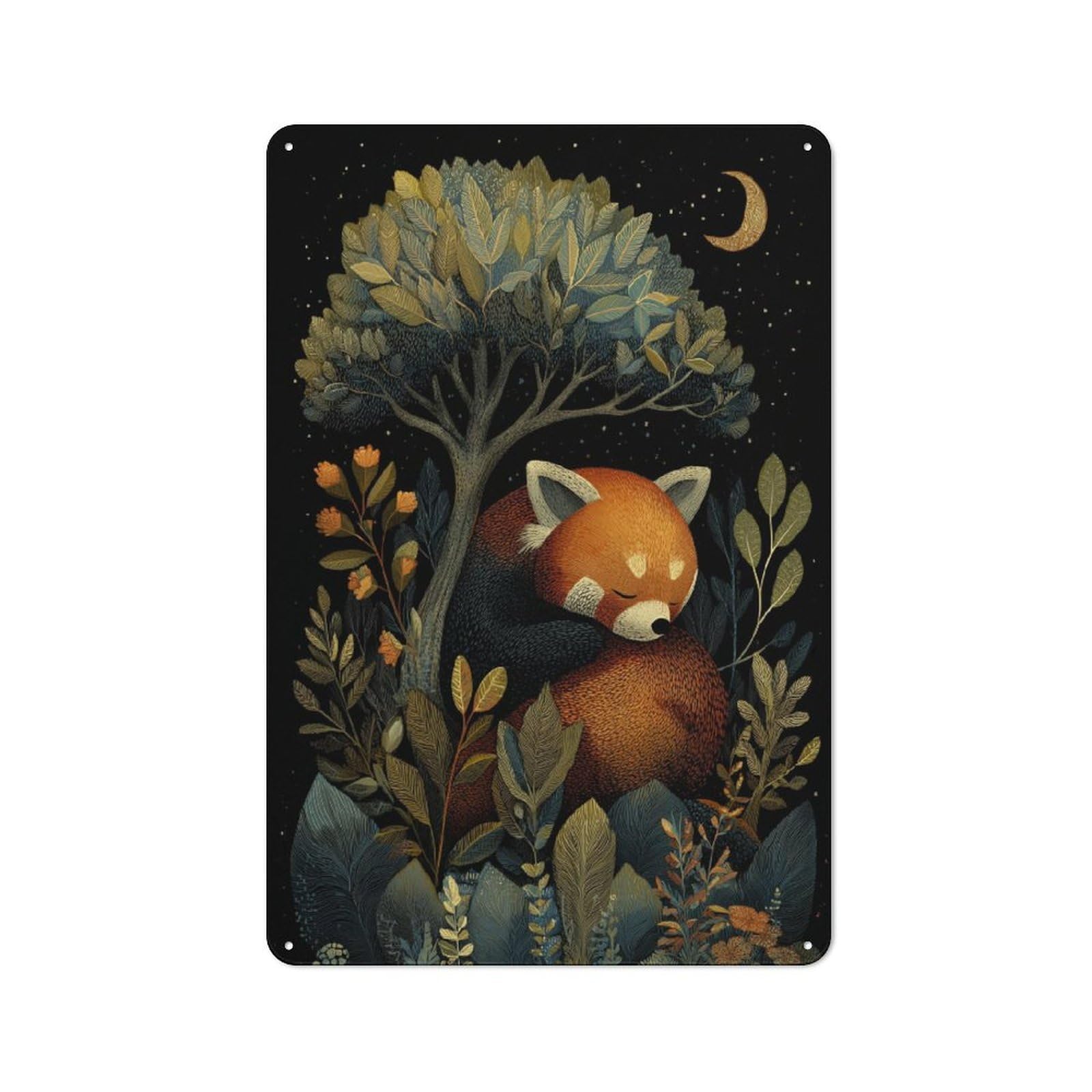 Junmoney Red Panda In Moonlit Forest Understated Decorative Metal Sign 30X20cm Featuring Study Room Decor For Workspace, Cafe, Shop Or Desk Area