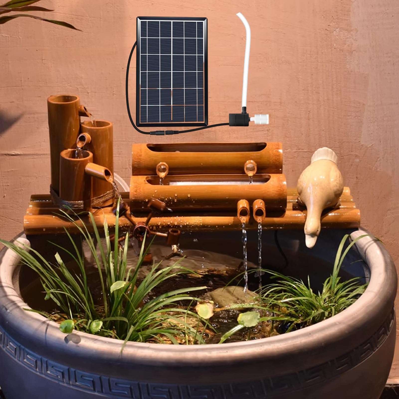Zestaw fontanny bambusowej z pompą zasilaną energią słoneczną i kołem wodnym, 30 cm, do użytku wewnątrz i na zewnątrz, na patio, idealny do dekoracji Feng Shui