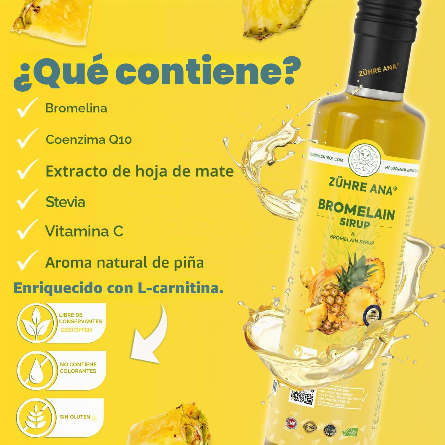 Zühre Ana Jarabe de Bromelina - Coenzima Q10 - Extracto natural de piña - Soporte natural - Acelera la pérdida de peso - Ayuda a eliminar líquidos en casos de edema - Vegano (2x250ml)